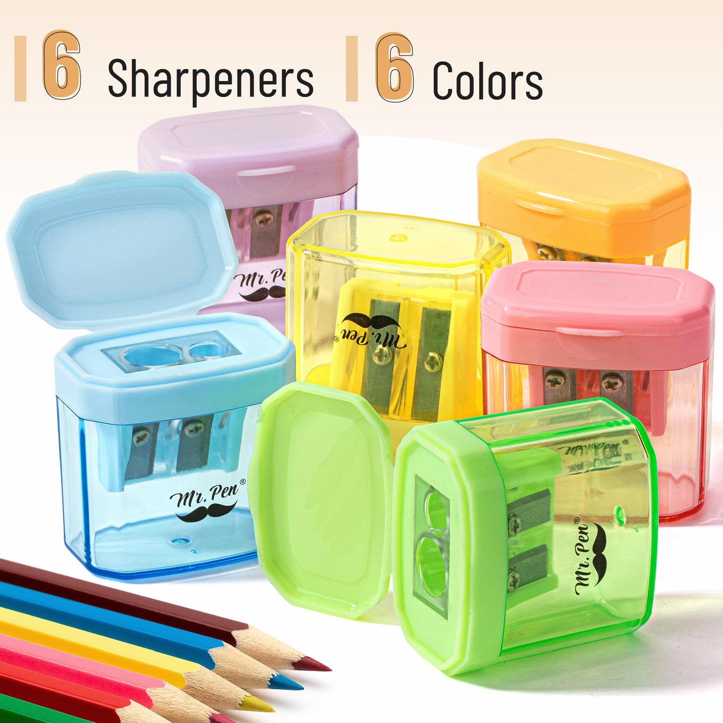 Mr. Pen- Manual Pencil Sharpener, 6 Pack, Colorful, Dual Holes | Compatible with Standard and Jumbo Pencils, Snap-on Lid, Colored Handheld Pencil