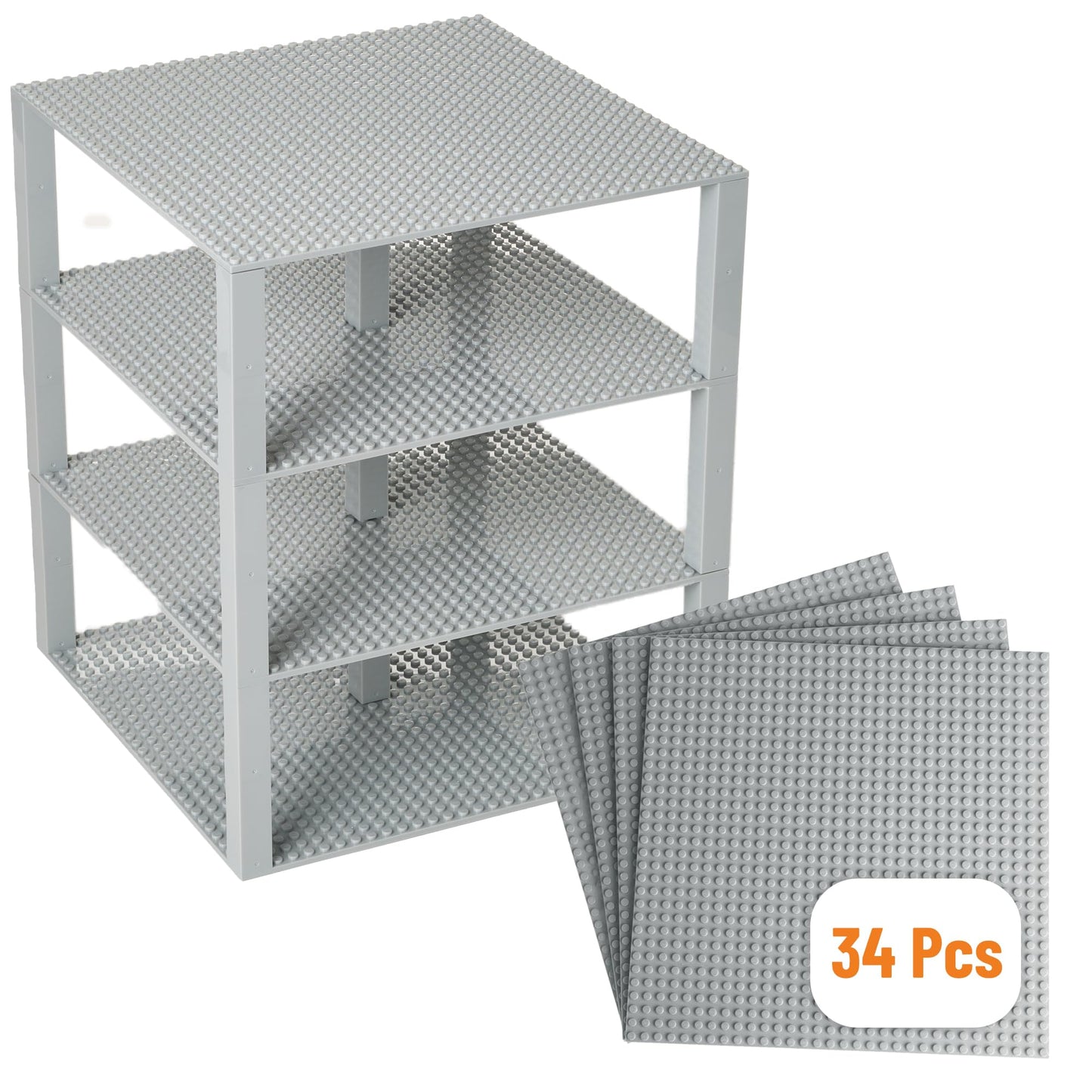 Strictly Briks 4-Pack Stackable Baseplates 10"x10" – Light Gray Plates with 30 Stackers, Compatible with Lego & Major Brick Brands