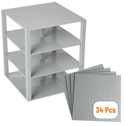 Strictly Briks 4-Pack Stackable Baseplates 10"x10" – Light Gray Plates with 30 Stackers, Compatible with Lego & Major Brick Brands