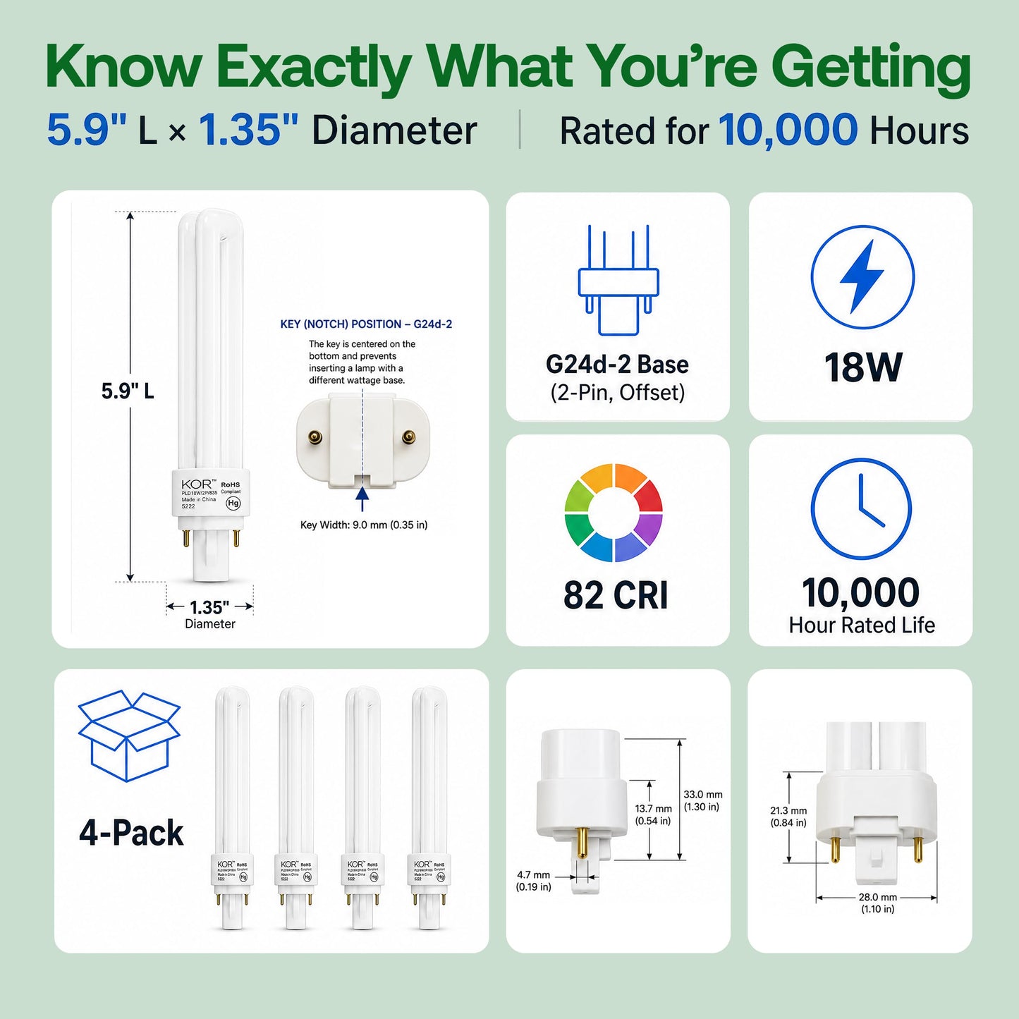 KOR 18W G24d-2 2-Pin CFL Double Tube Light Bulbs, 2700K, 4-Pack
