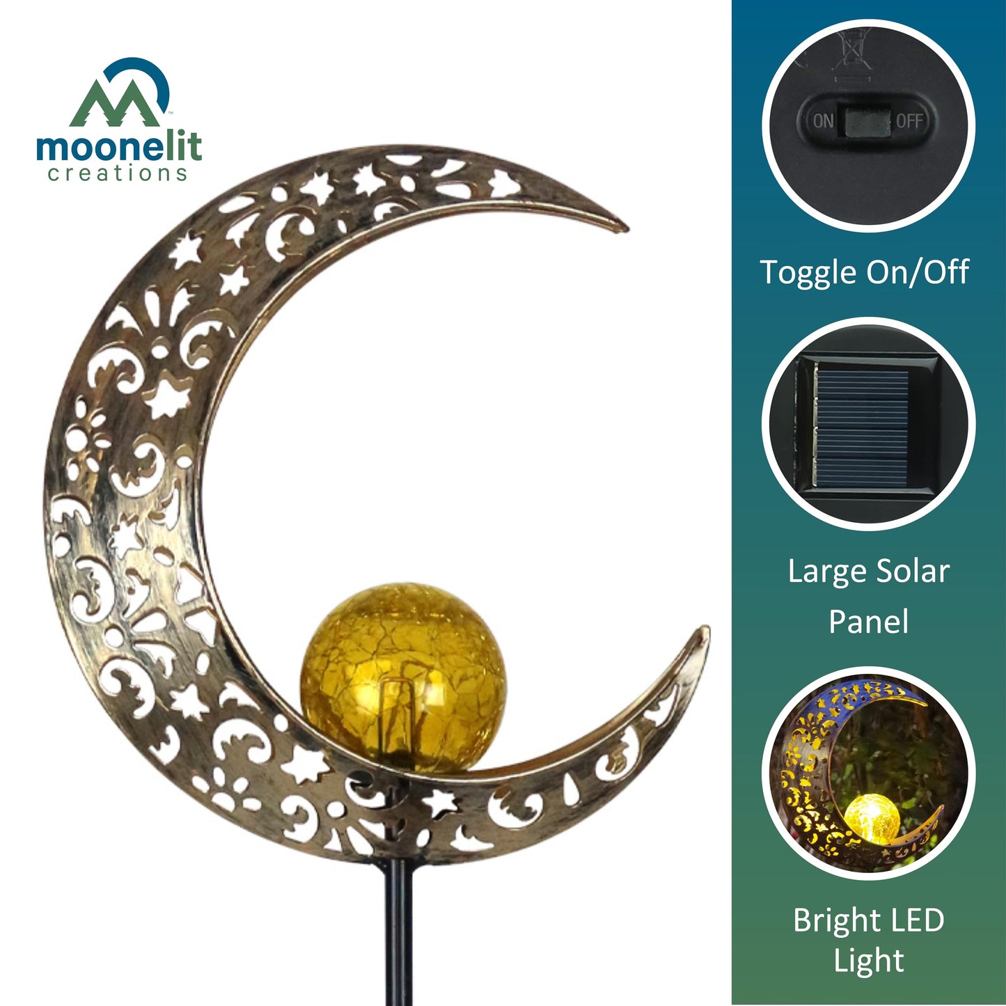 MooneLit Creations MCSSMOON Solar LED Crescent Moon Garden Light - Waterproof Metal Stake with Crackled Glass Globe