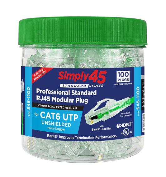 Simply45 Cat6/6a UTP RJ45 Unshielded Standard Mod Plugs, Green, 100-Pack