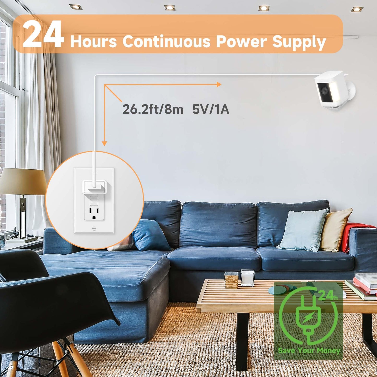 26ft Power Cord and Adapter for Ring Spotlight Cam Pro/Plus(Battery),Stick Up Cam(Battery),Weatherproof Ring Cable for Continuous Camera Power