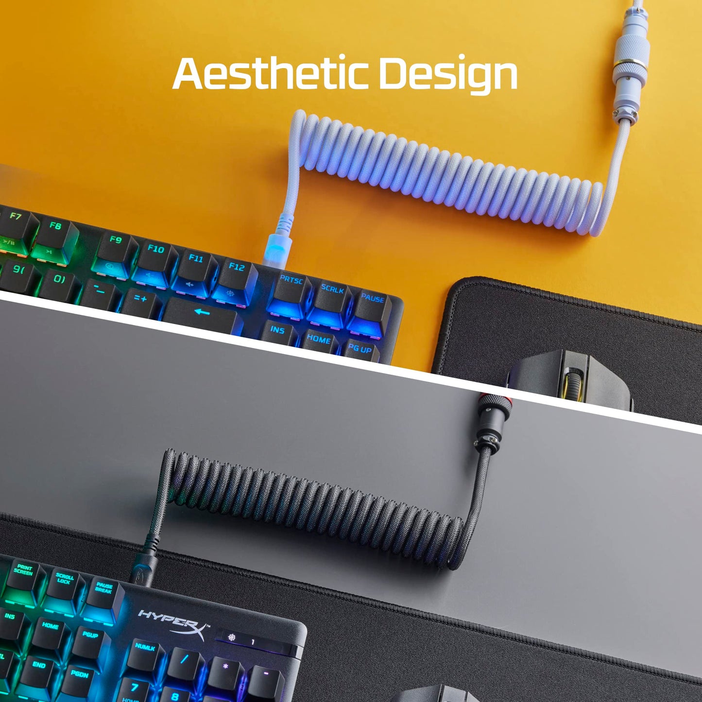 HyperX Coiled Cable - Durable Coiled Cable, Stylish Design, 5-Pin Aviator Connector, USB-C to USB-A - Grey