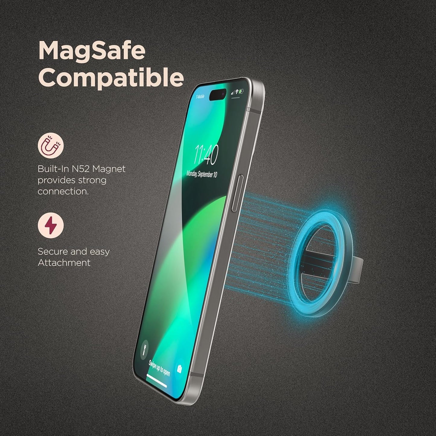 Encased Magnetic Phone Grip Holder Thin Silicone Finger Loop Ring, Compatible with Magsafe (Black)