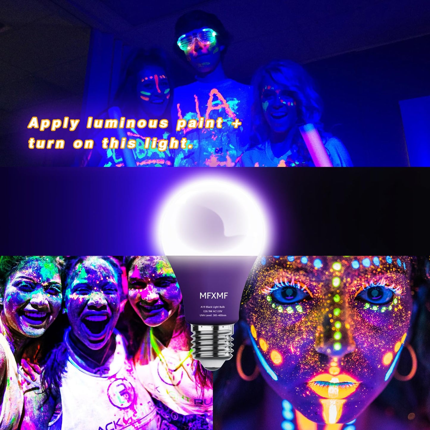 mfxmf 4 Pack A19 LED Black Light Bulbs,9W (100W Equivalent) E26 Base Dimmable Black Lights, UVA Level 385-400NM, Halloween Light Bulbs?Glow in
