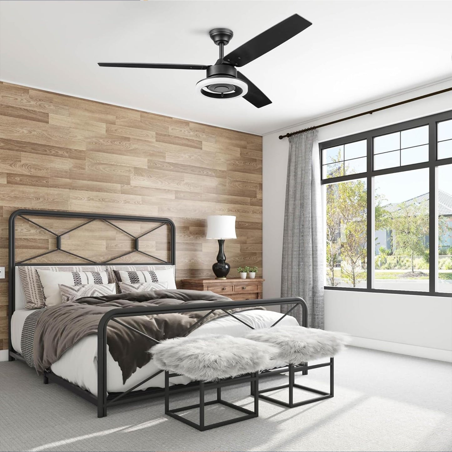 Prominence Home Orbis 52 Inch Modern Indoor Ceiling Fan with LED Light, Remote Control, Reversible Motor, 3 Dual Finish Blades, Matte Black