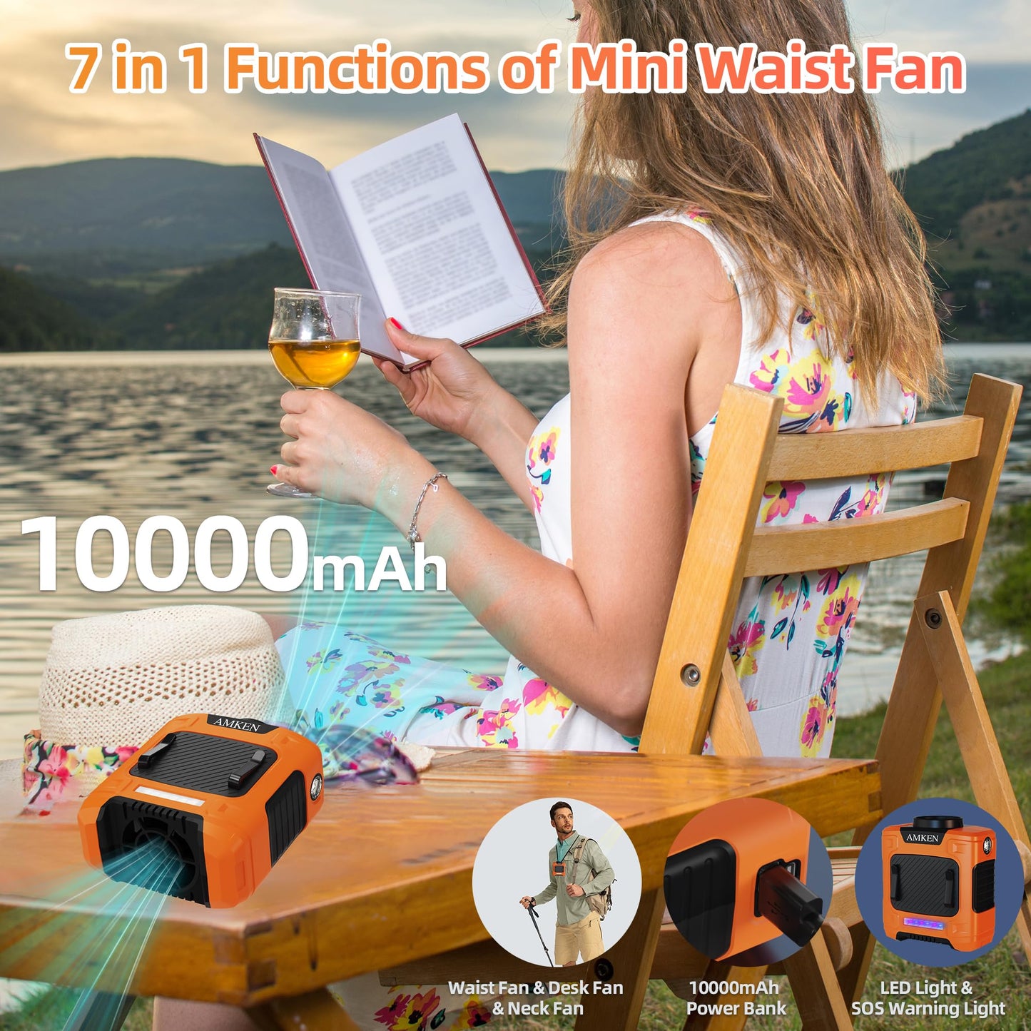 AMKEN Waist Fan, 10000mAh Rechargeable Belt Clip Fan, 24H Runtime, 49ft/s Strong Airflow, 3-Speed 7-in-1 Hands-Free Wearable with LED SOS Warning