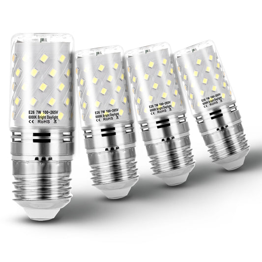 E26 60W Replacement LED Candelabra Corn Bulbs 7W 6000K Daylight, 4 Pack