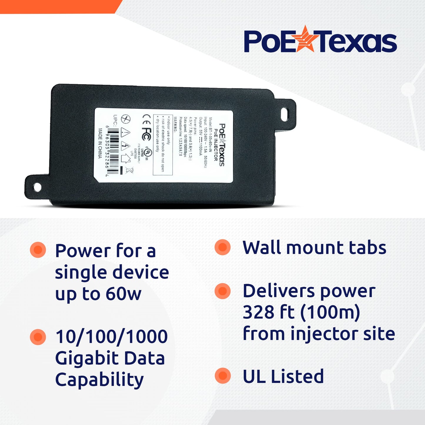 Poe Texas 60 watt PoE Injector - 802.3bt PoE++ Single Port 4-Pair Power Over Ethernet Injector - Active PoE Adapter with 55V 60W Output - 10/100/1000