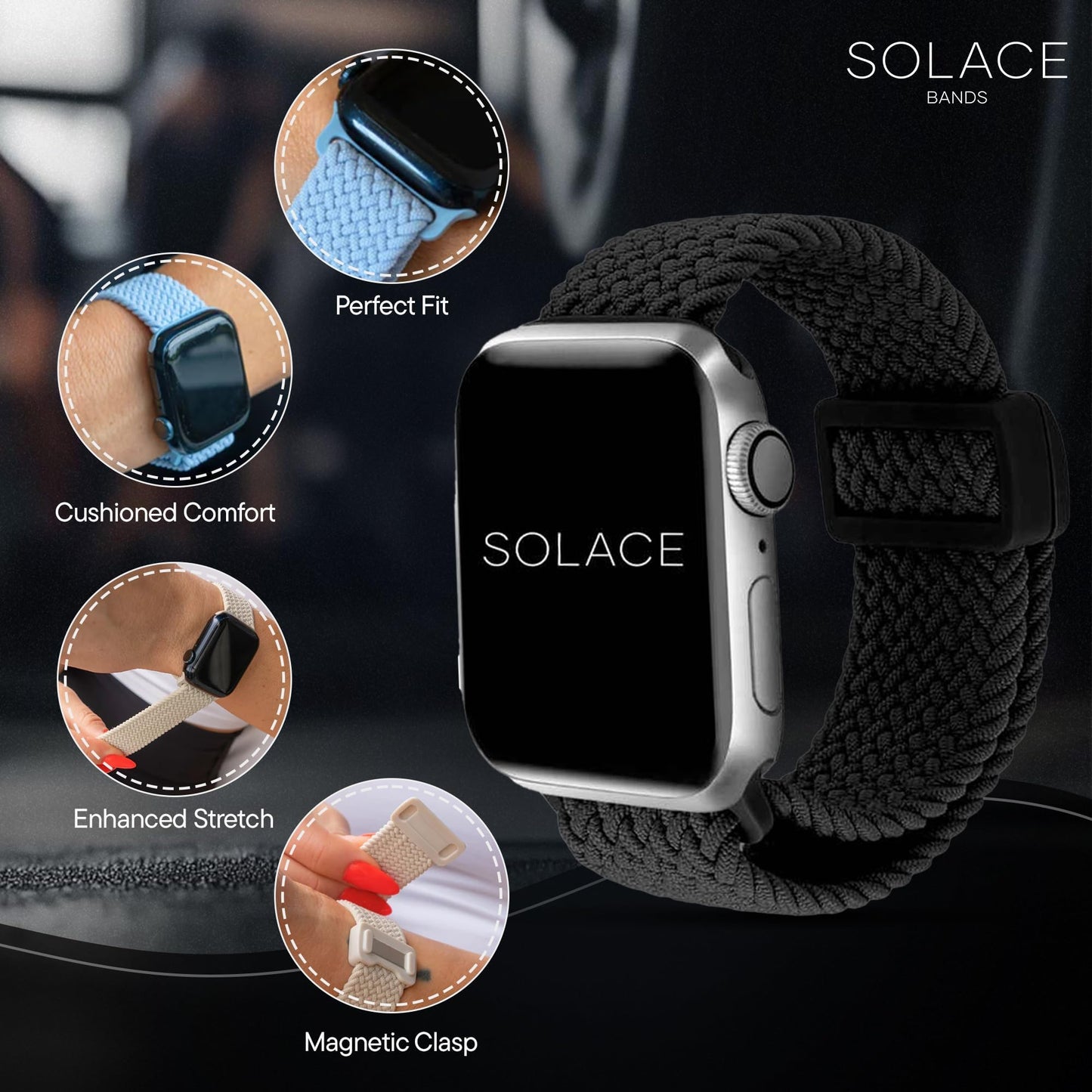 Solace Bands Imperium Adapt Wide Adjustable Nylon Braided Watch Band - Compatible with All Apple Watches - Solace Apple Watch Bands for Women & Men