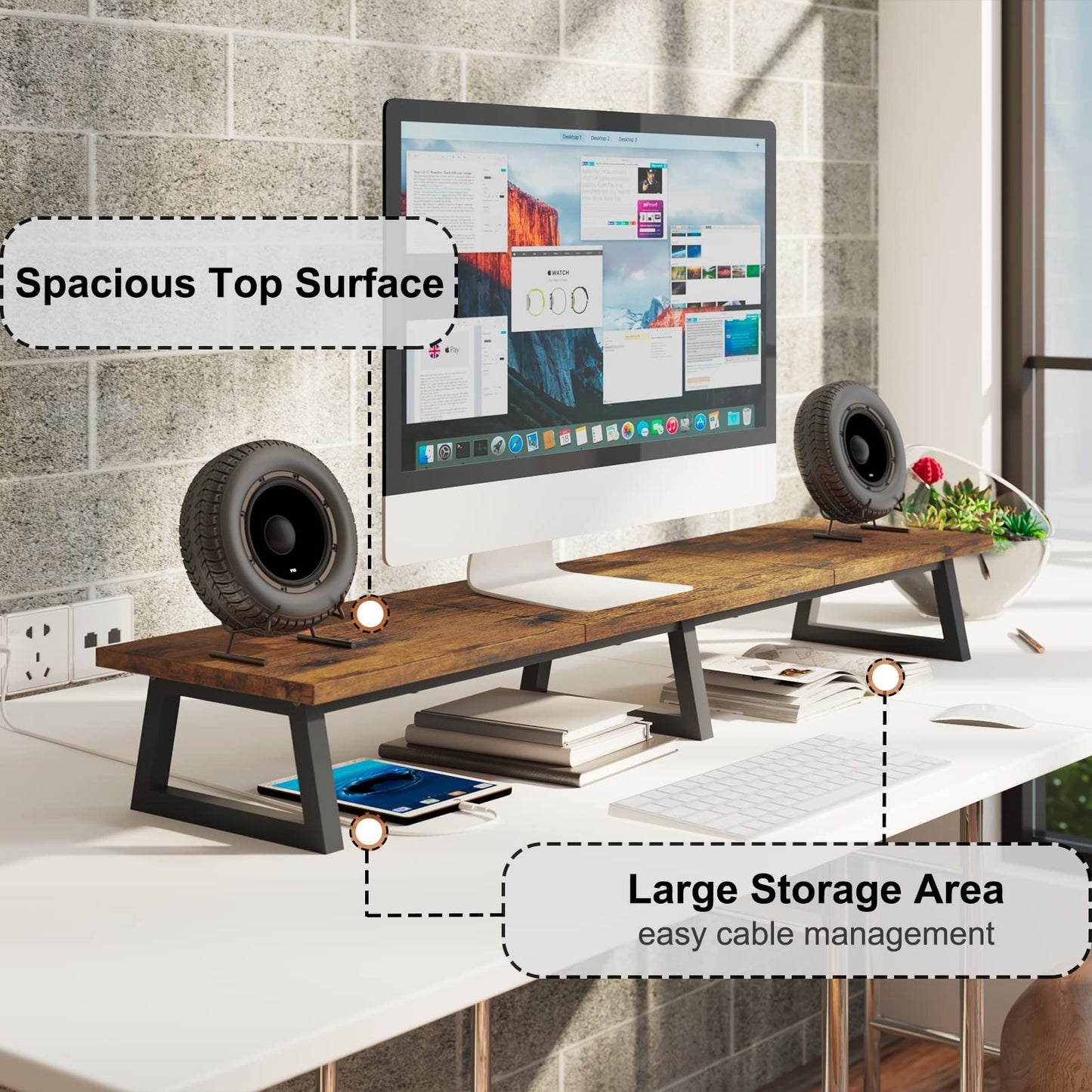 TEAMIX 42 inch Large [Dual] [Monitor] [Riser],Rustic Brown Extra Long TV [Stand Wood & Steel Desktop [Riser] with Storage for [Dual] Screen Office