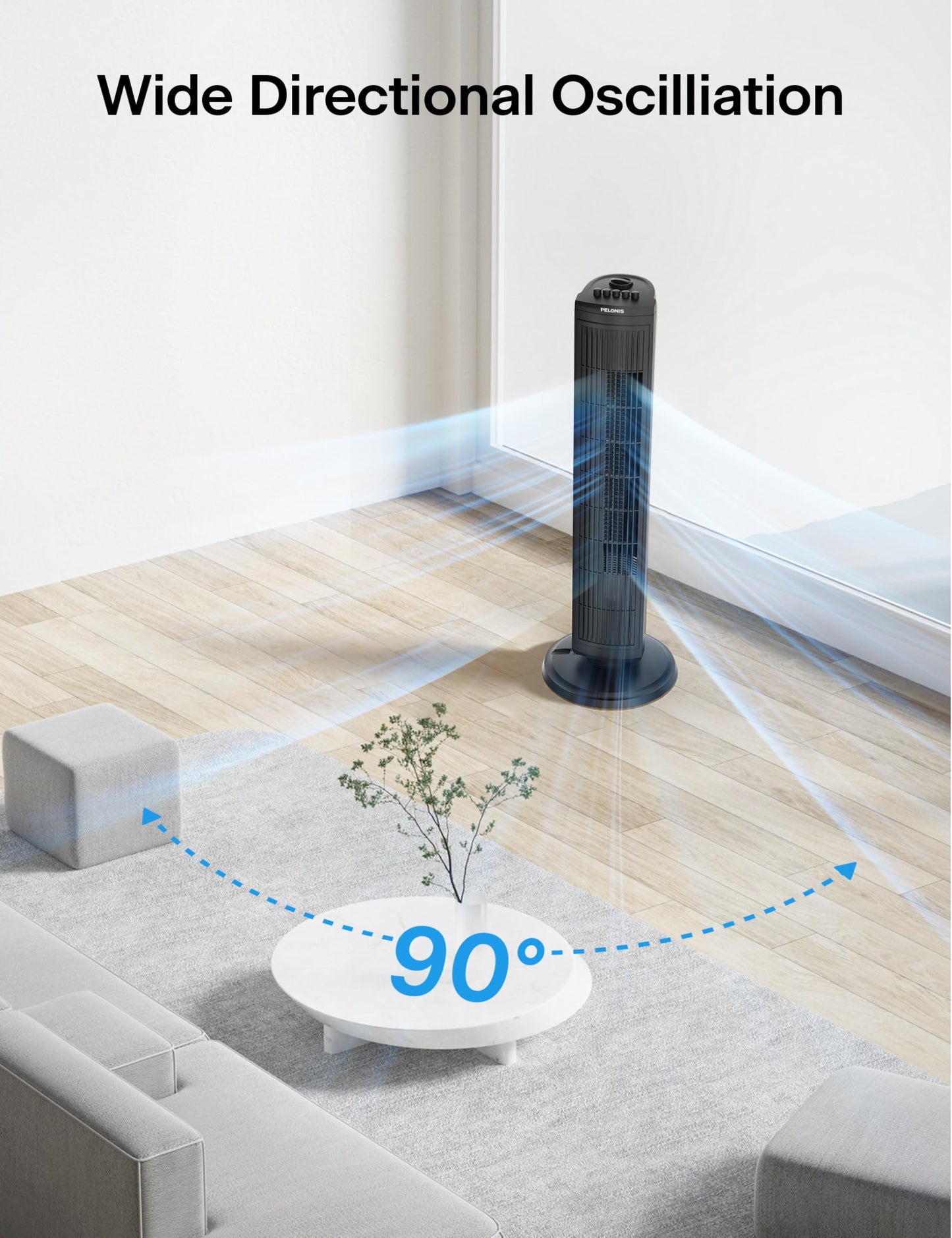 PELONIS 30 Inch Tower Fan for Bedroom, Quiet Oscillating Standing Fan with 3 Speeds, Portable Cooling Fan for Home Office Dorm Room, Auto-off Timer