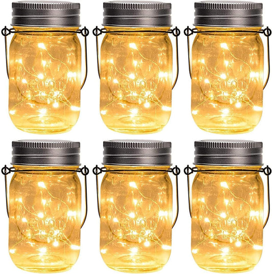 GIGALUMI Hanging Mason Jar Solar Lights, 6 Pack 30 Led Hanging Solar Lanterns Outdoor Waterproof, Hangers and Jars Included, Outdoor Decor