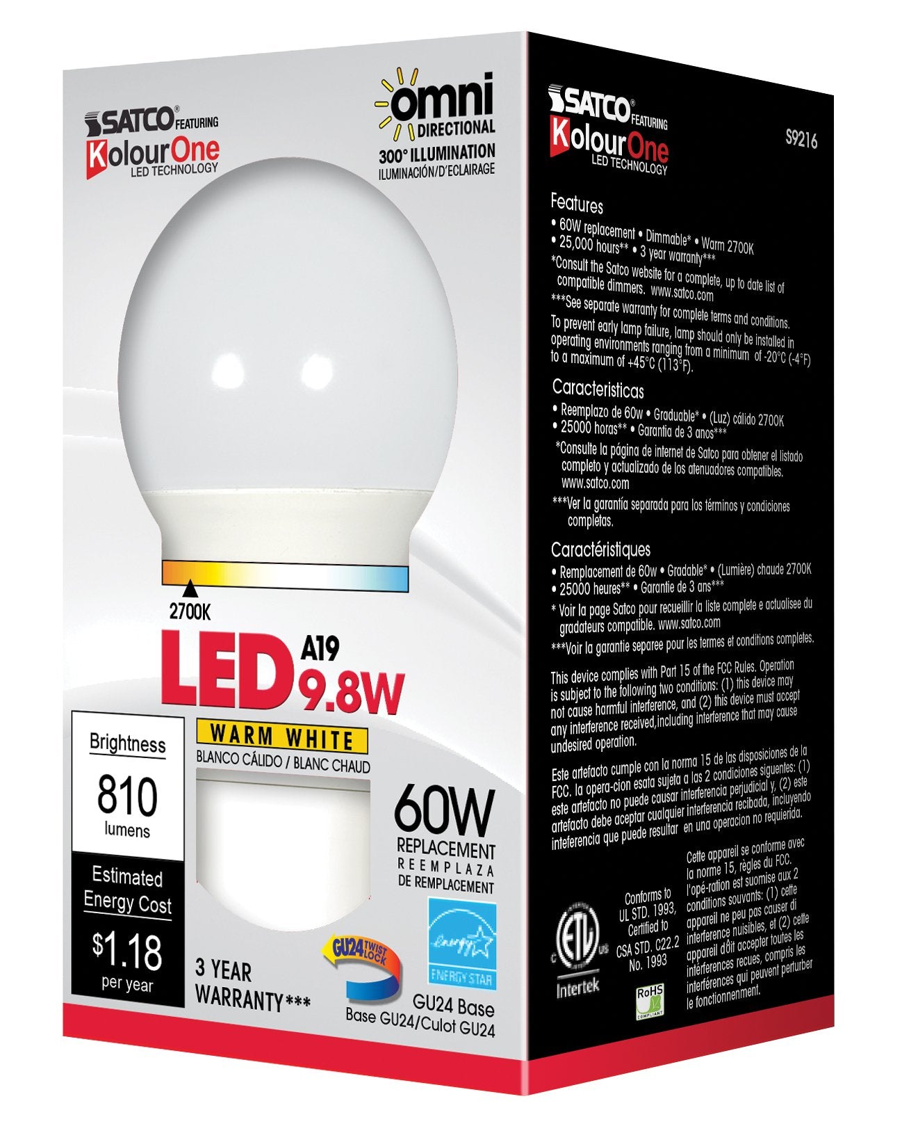Satco S9216 A19 LED Frosted 2700K Gu24 Base Light Bulb, 9.8W