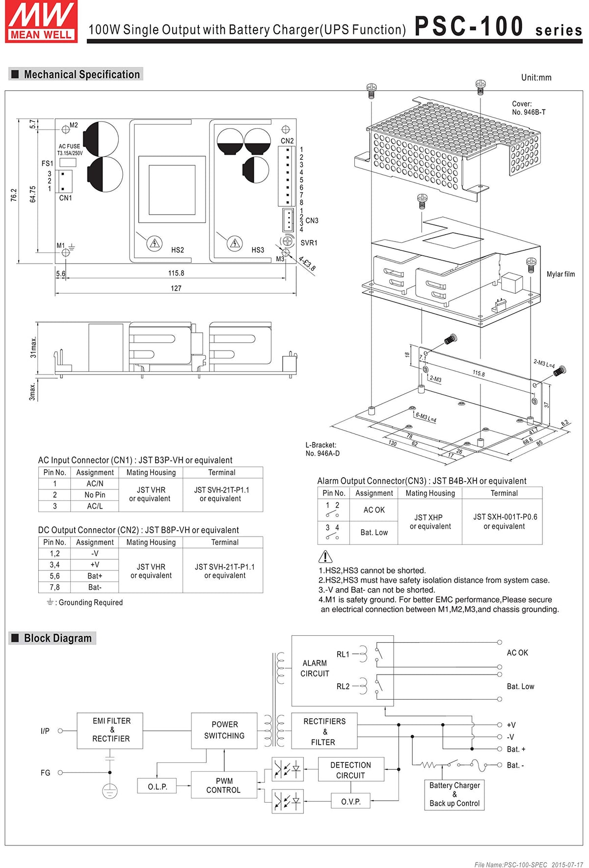 MEAN WELL PSC-100A 13.8V 4.75A 2.5A 100.05W Single Output with Battery Charger (UPS Function) Security Series