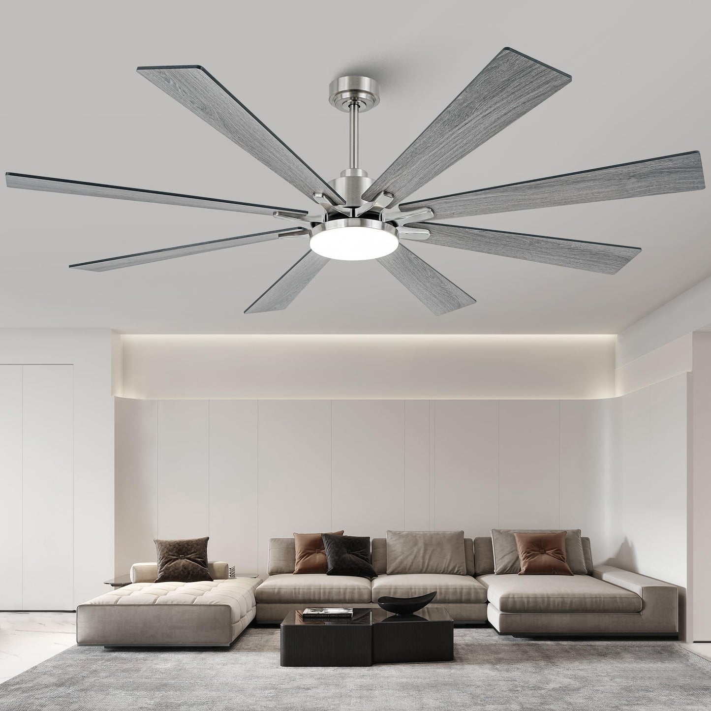 Vaczon 72 Inch Modern Ceiling Fans with Lights and Remote Nickel Large Airflow Ceiling Fan,Dimmable Lighting, Reversible DC Motor, Noiseless, Indoor