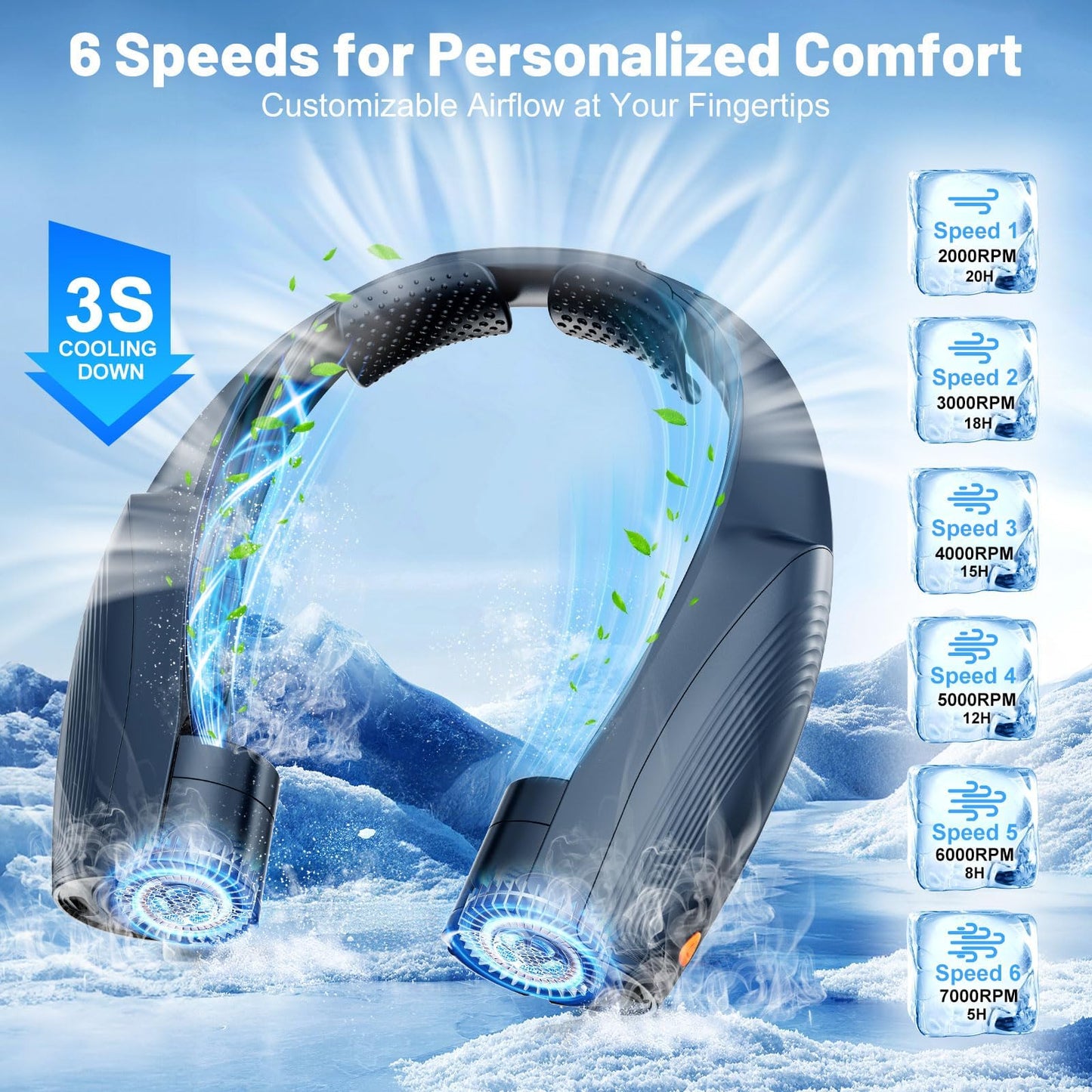 8000mAh Portable Neck Fan with 6 Powerful Speeds, 20H Runtime Cooling Fan
