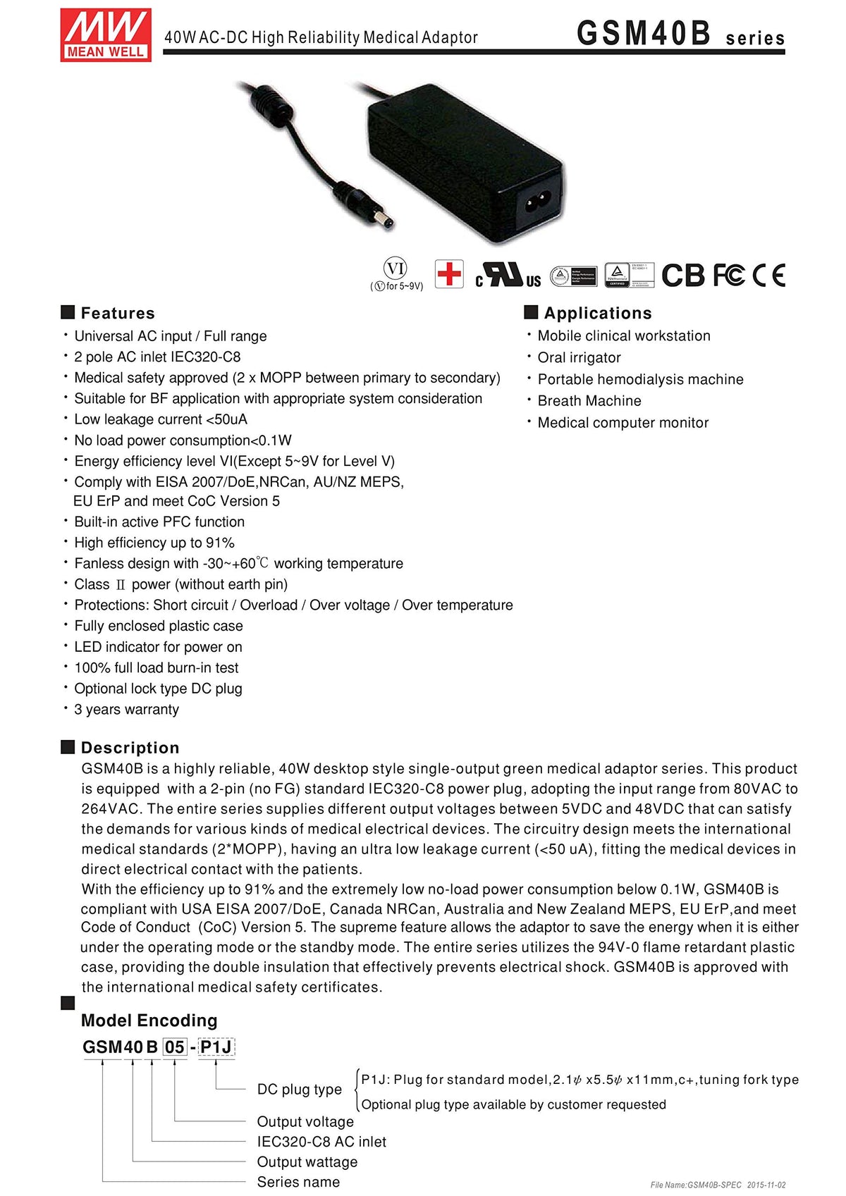 MEAN WELL GSM40B24-P1J 24V 1.67A 40W AC-DC High Reliability Medical Adaptor