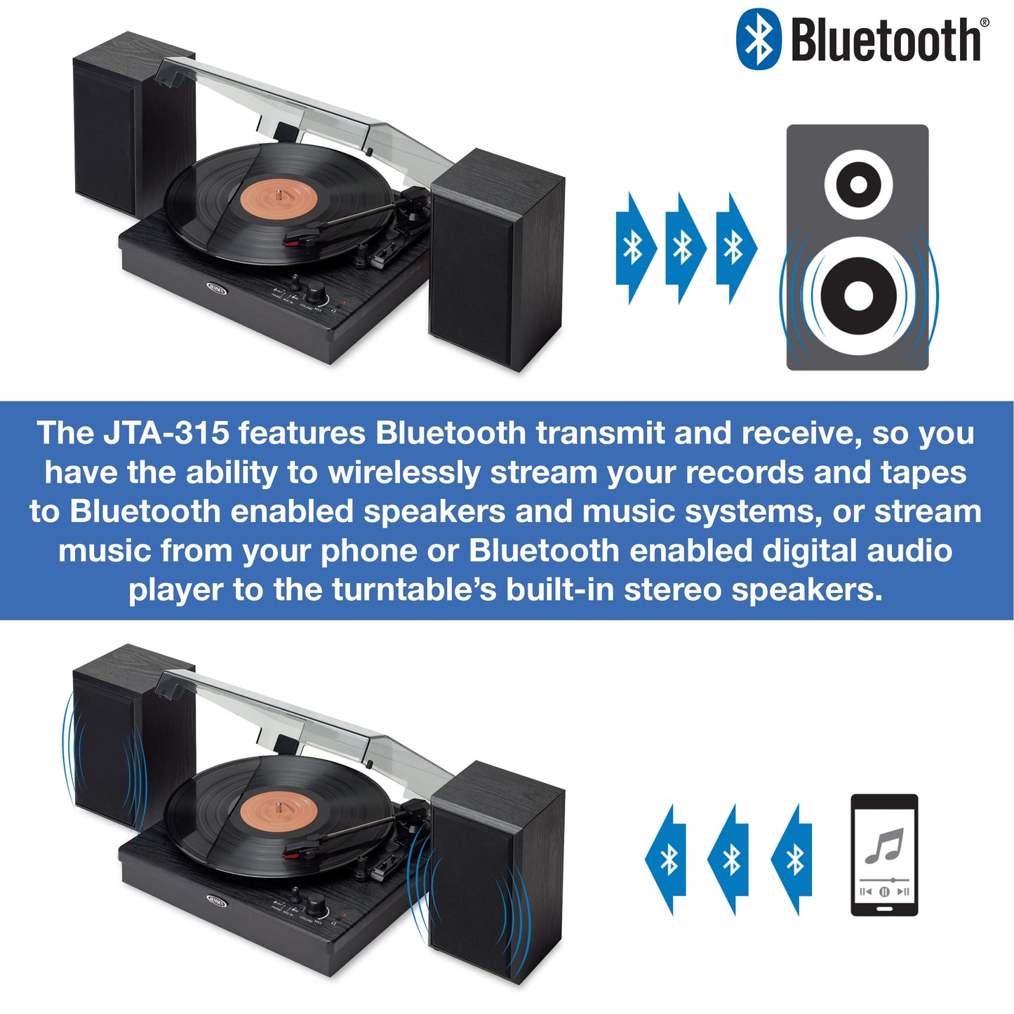 JENSEN JTA-315 Vinyl Record Player 3 Speed Turntable with Speakers and Dual Bluetooth Transmit/Receive, Black