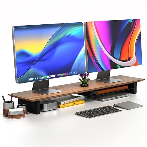COREMINDED Solid Wood Dual Monitor Stand Riser - 43" Walnut Desk Shelf for 2 Monitors with Tray & Wool Felt, Organizer for Desktop, Laptop and Office