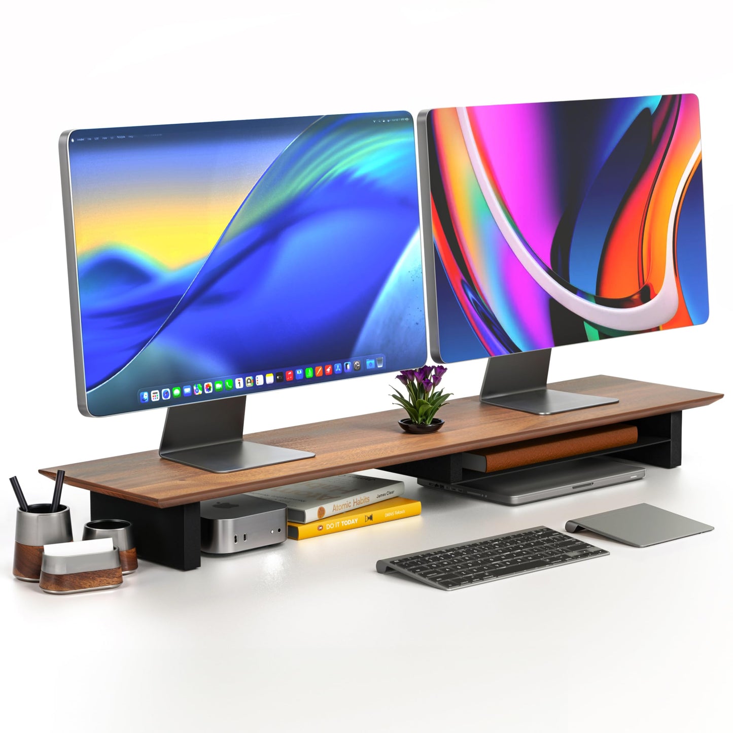 COREMINDED Solid Wood Dual Monitor Stand Riser - 43" Walnut Desk Shelf for 2 Monitors with Tray & Wool Felt, Organizer for Desktop, Laptop and Office