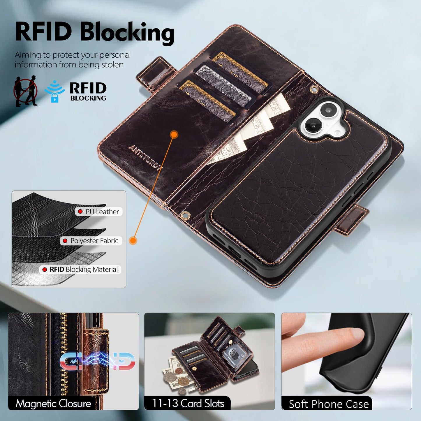 Antsturdy Compatible with Magsafe Magnetic 2 in 1 Detachable iPhone 16 Wallet Case with Credit Card Holder Slots,PU Leather Flip RFID Blocking Phone