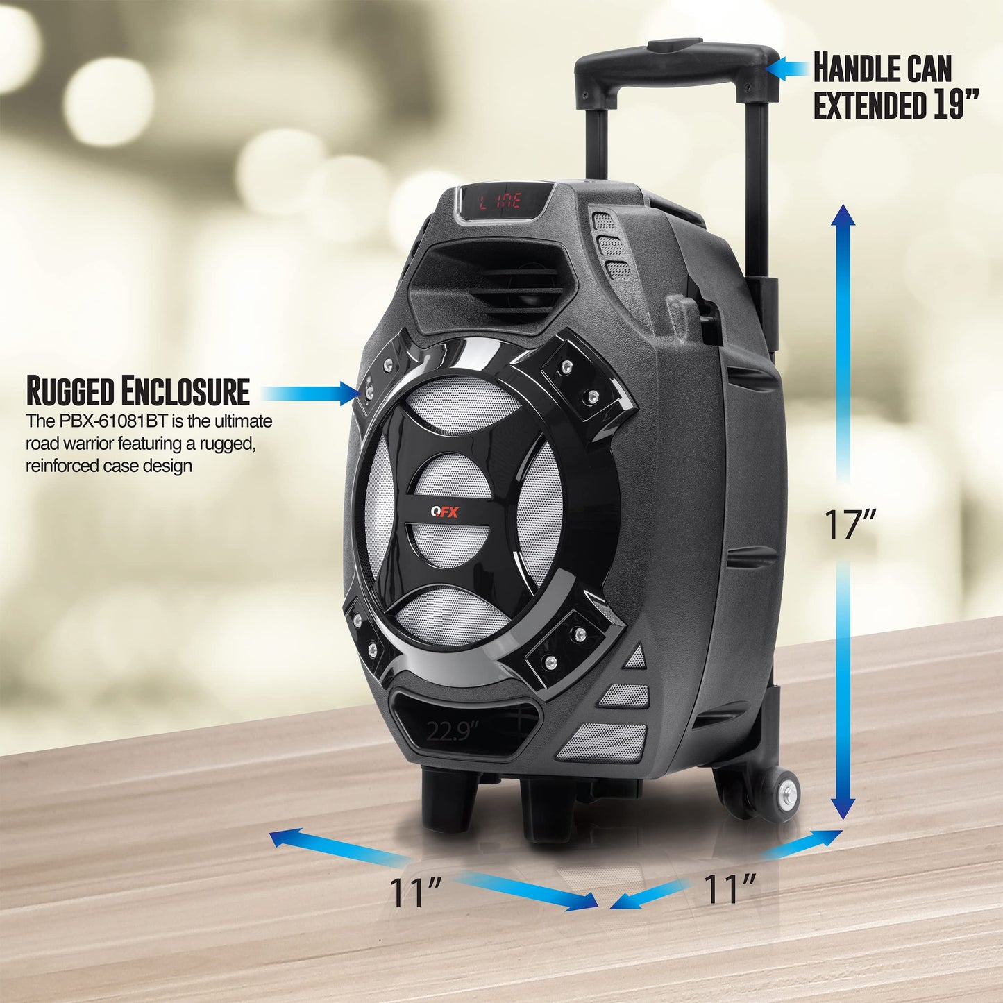 QFX PBX-61081 Rechargeable Portable Speaker | 8" Woofer | 400 Watts | Bluetooth, AUX, SD Card, FM Radio | Handle, Wheels, 12 Lbs | Perfect
