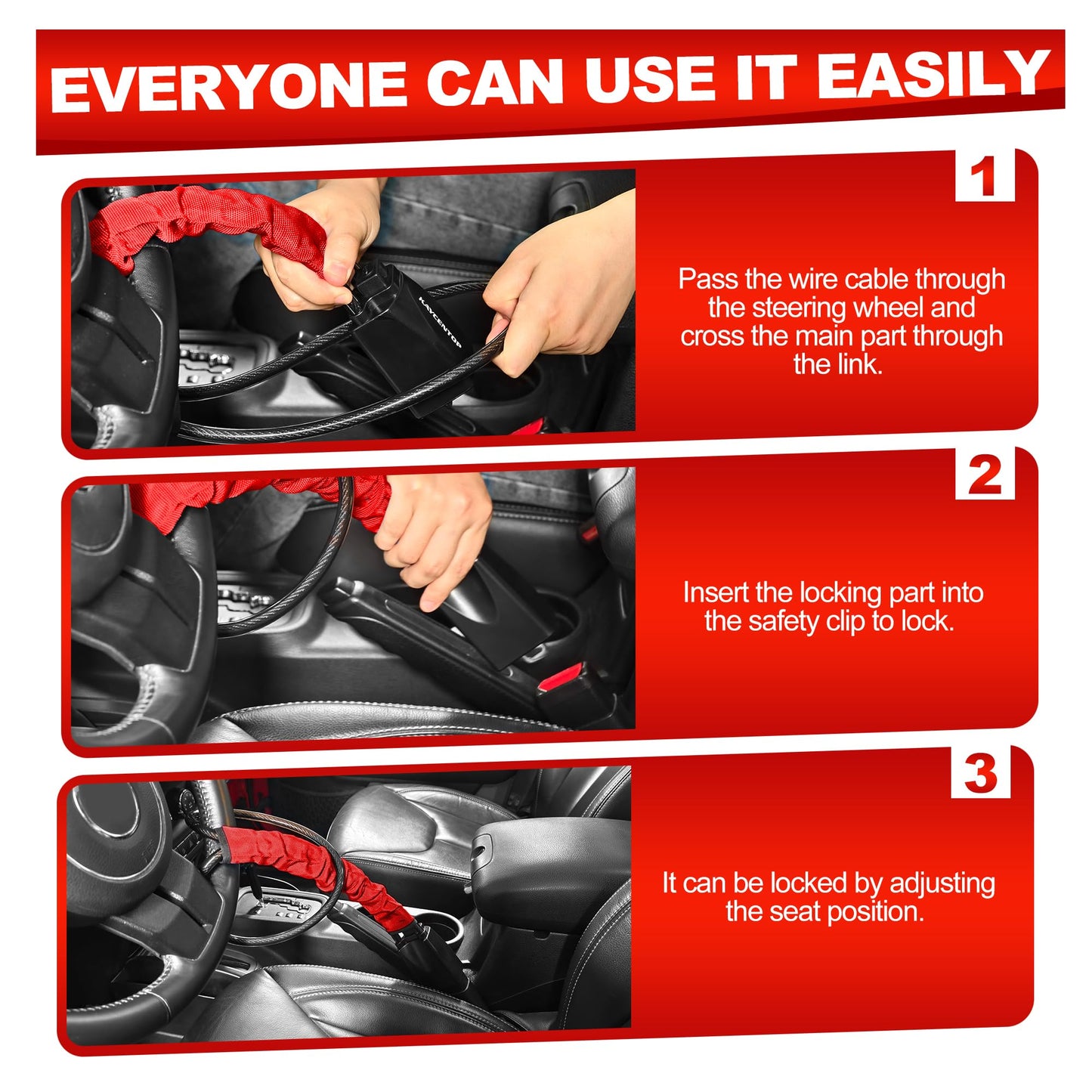 KAYCENTOP Car Steering Wheel Lock, Seat Belt Lock, Anti-Theft Device, Max 17 Inch Length, Small and Light-Weight, Multi-Functional, Fit Most Vehicle