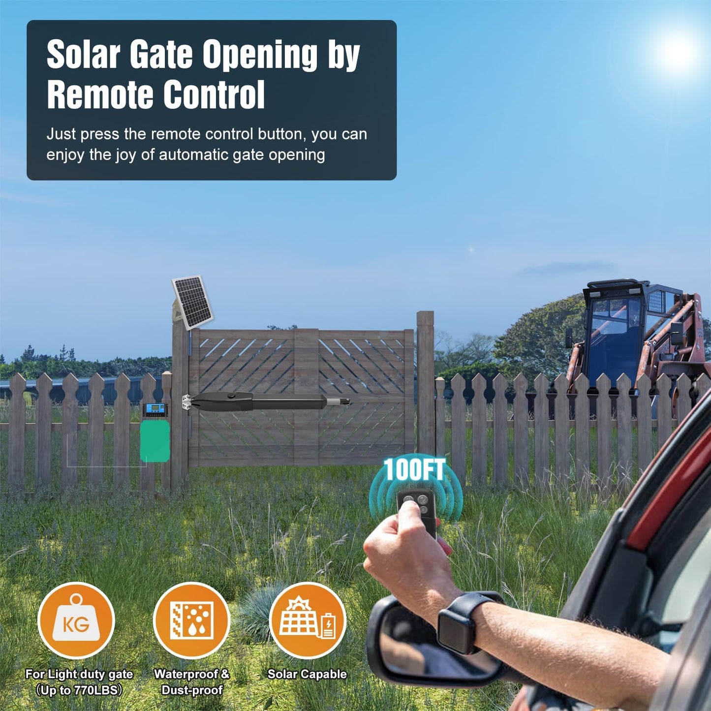 JUJIANG C026 Solar Gate Opener with Batteries & Solar Panel for Single Swing Gates Up to 770lb 16FT Automatic Gate Openers with Remote Complete Kit