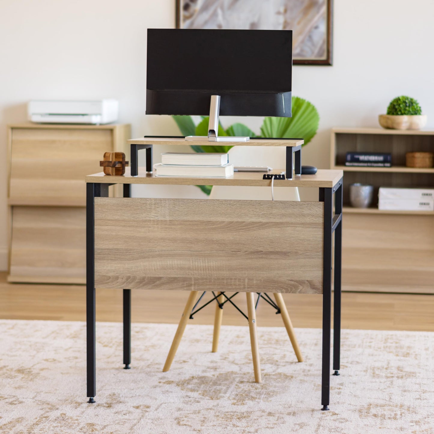 IRIS USA Computer Desk, 32" L x 22" W Slim Rustic Industrial Table with Monitor Stand, Matte Black Steel Frame, Heavy Duty Wooden Tabletop, Home