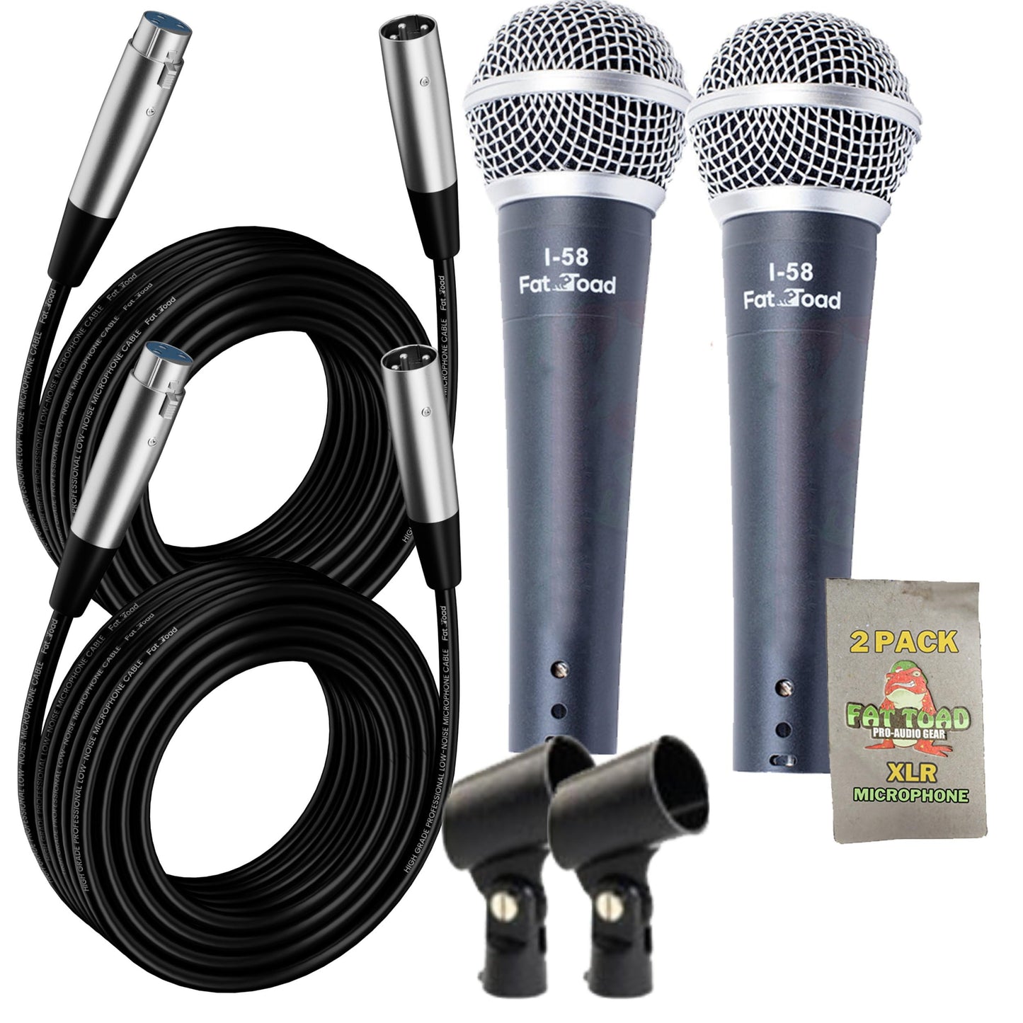 Fat Toad Handheld Dynamic Mics (Live ResponsePRO Edition) 2-Pack - Cardioid Vocal Microphones with Clips for DJ Karaoke, Studio Recording &