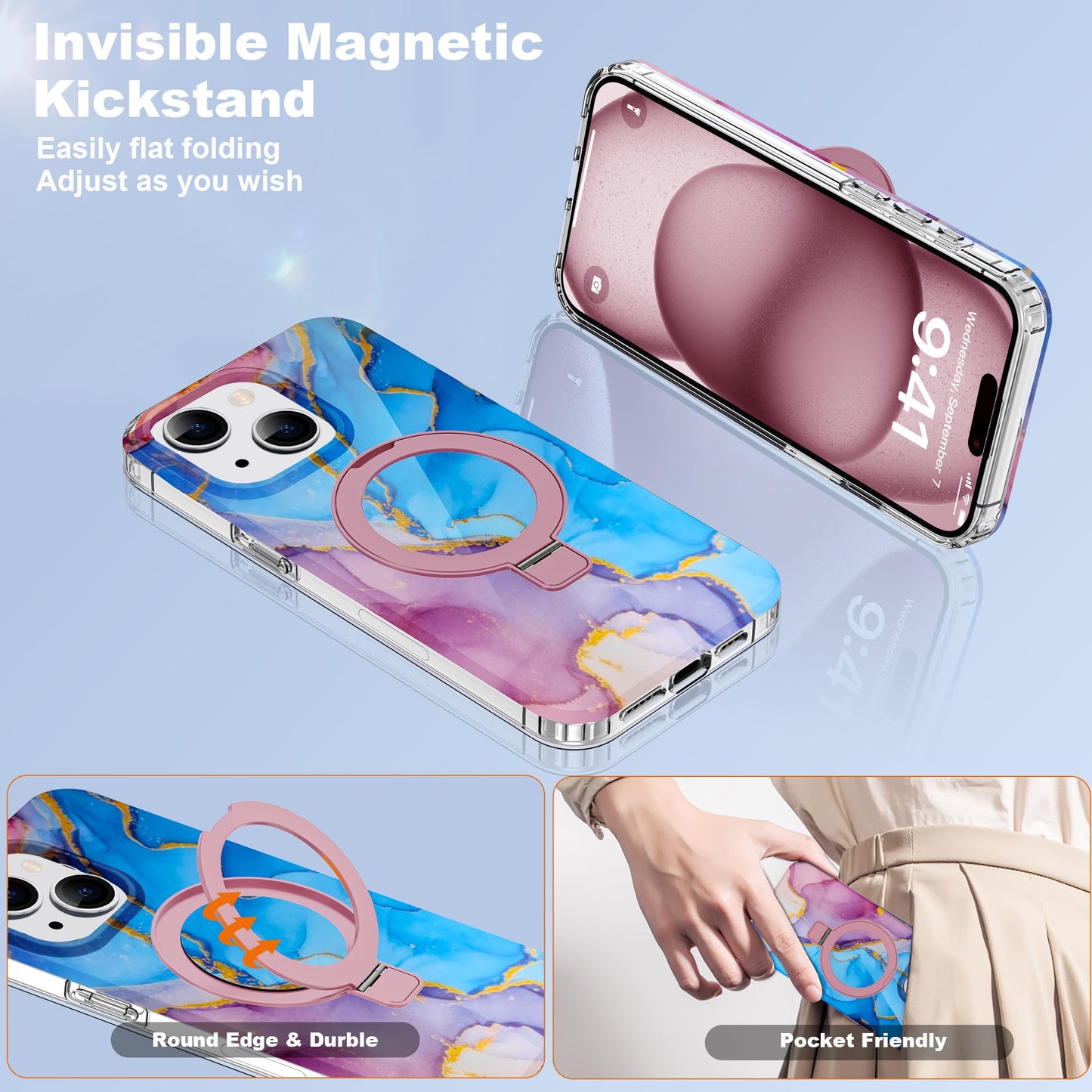 ETPESOK Compatible with iPhone 15 Plus Case Marble Pattern with Magnetic Ring Stand [Compatible with Mag-Safe] TPU Protective Phone Case for iPhone 15