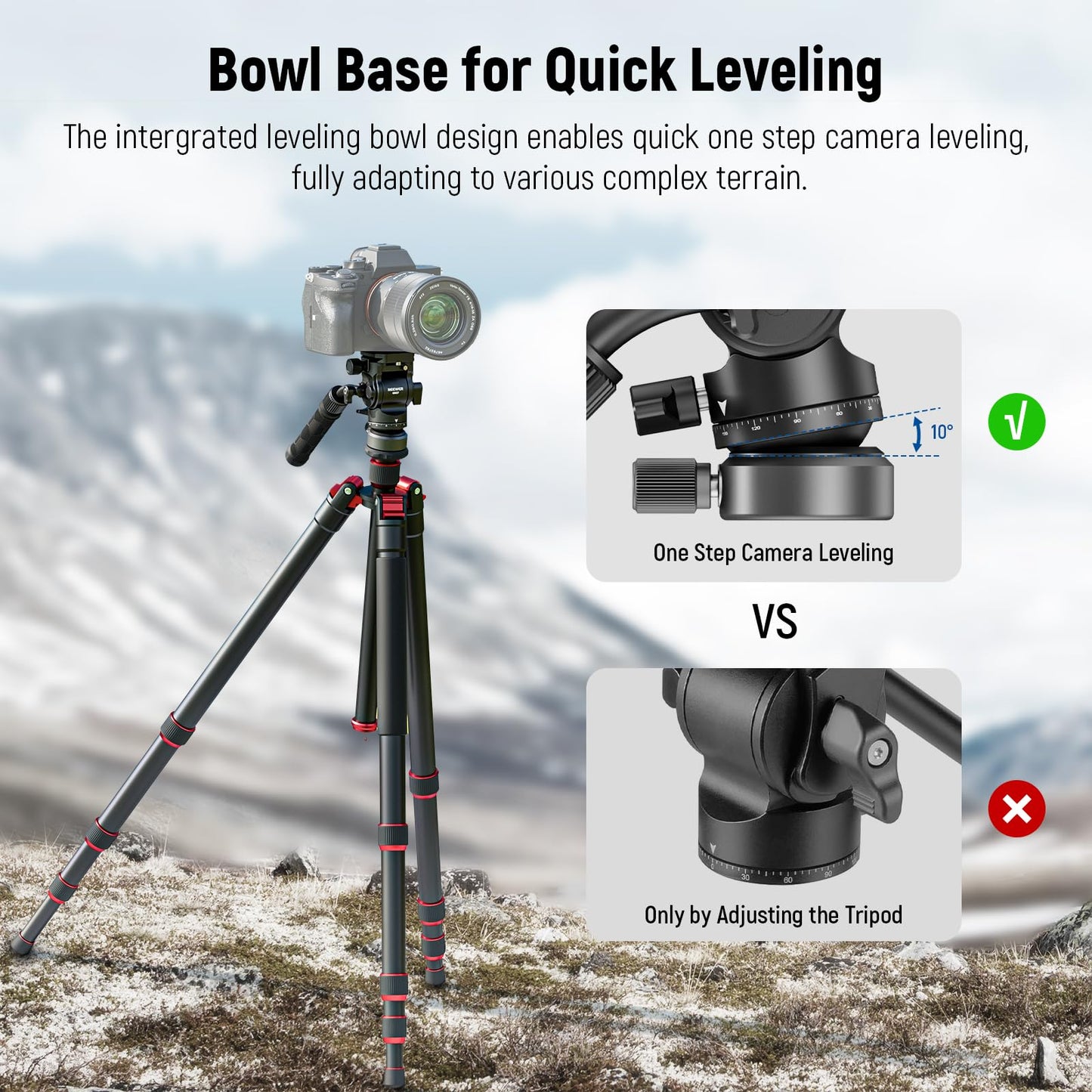 NEEWER Tripod Fluid Head with +/-10° Leveling Base, Metal Drag Pan Tilt Head Mount with Arca Type QR Plate Telescopic Handle Cleaning Cloth