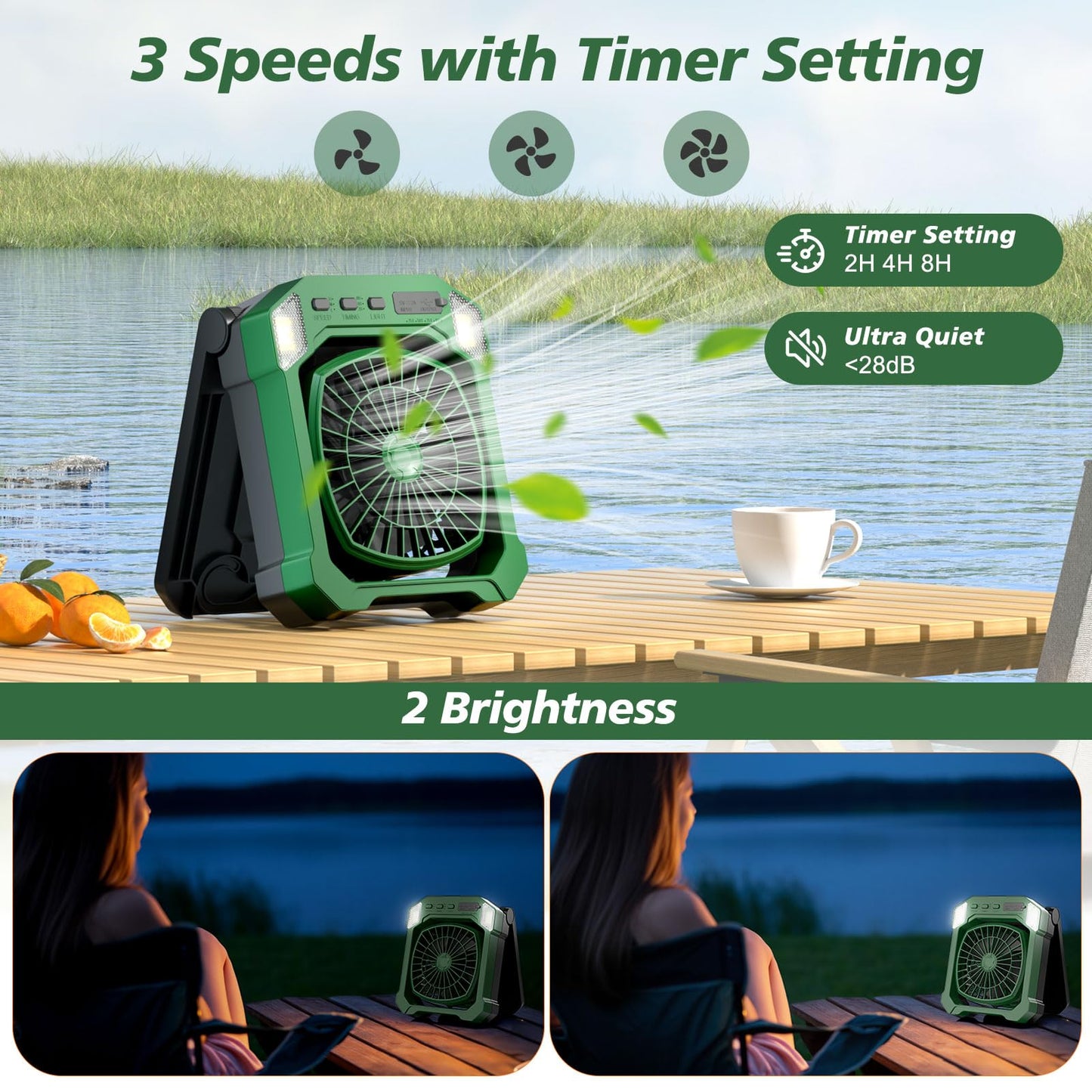 Camping Fan Battery Powered & Solar Powered, Portable Solar Fan 10000mAh Rechargeable Outdoor Fans with Light, Quiet Cordless Fans for Tent, RV