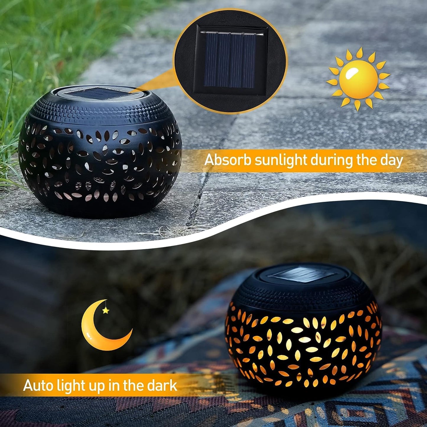 Solar Table Lanterns Outdoor Waterproof - 2 Pack LED Lamp Black Metal Tabletop Light Solar Powered Decorative Lantern for Indoor Desk Bedroom Patio