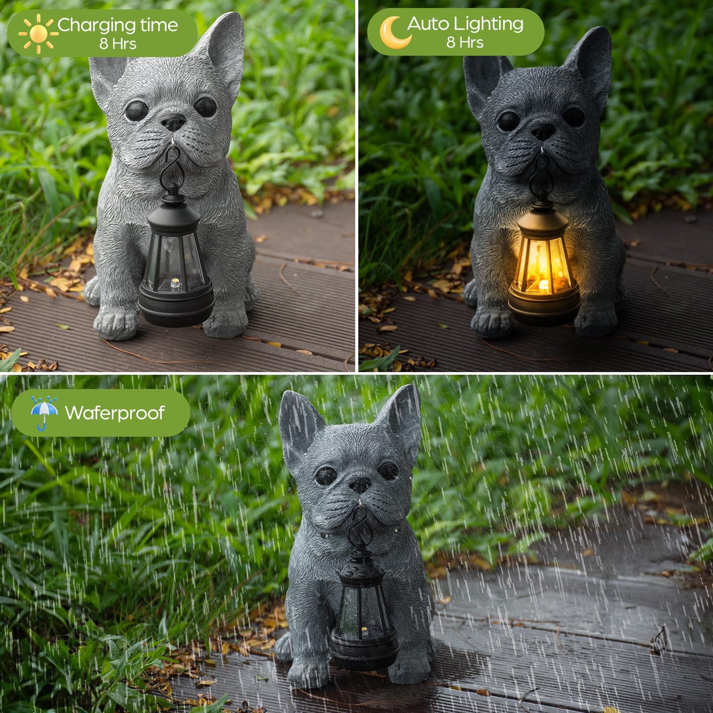 Qwifyu Solar Dog Outdoor Garden Statue with LED Light, Cute Bulldog Lawn Ornament for Patio Yard Balcony, Unique Housewarming Birthday Gift for Dog
