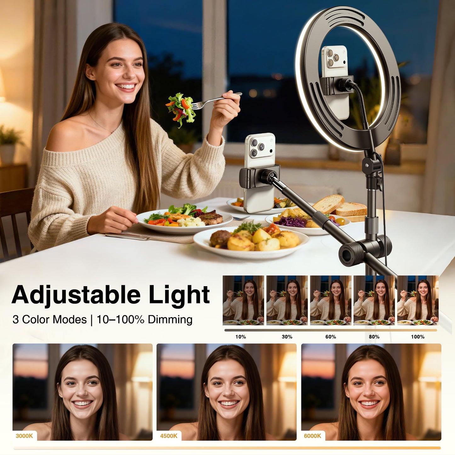 Overhead Phone Mount, Overhead Camera Mount Stand [Anti-Shaking] with 10.5" Ring Light, Desk Stand for iPhone with Ring Light for Video Recording