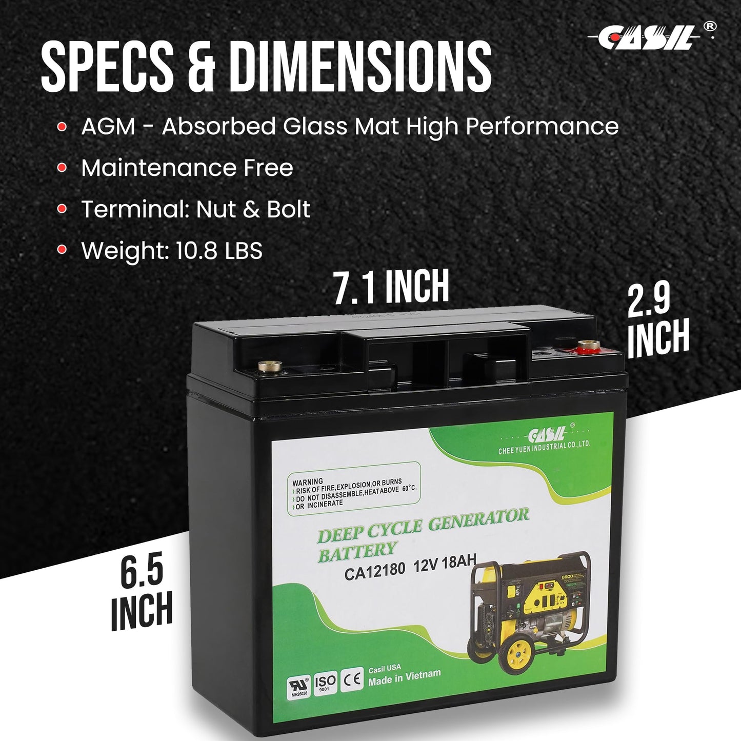 Casil 12V 18Ah Deep Cycle Generator Battery - Reliable Replacement for Champion, Generac, Duromax, and Briggs & Stratton Generators AGM SLA Replaces…
