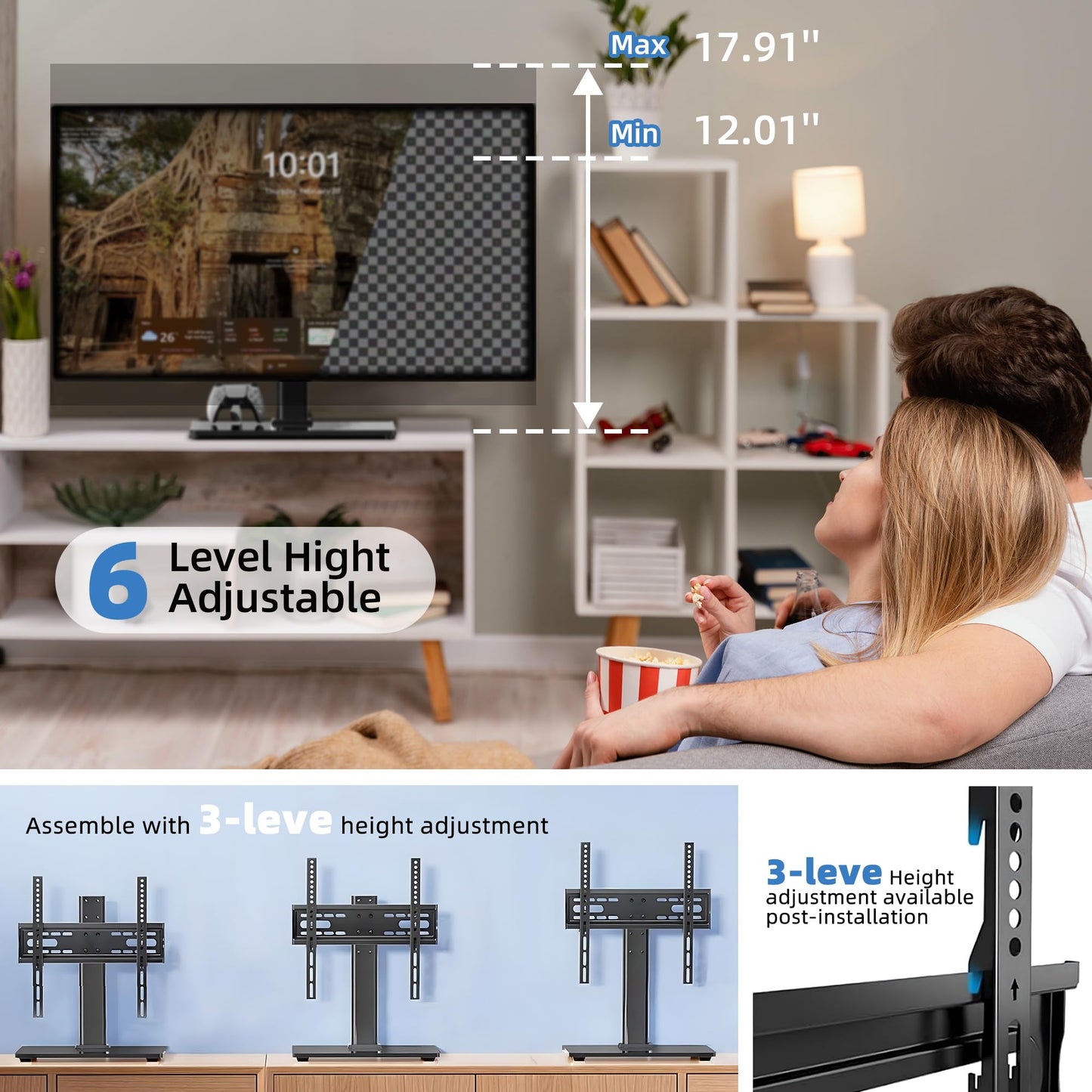 Universal 26-80" Tabletop TV Stand, 88 lb Steel & 8 mm Glass Base, 6-Level Height Snap, 10-Min No-Drill Install, VESA 100×100-400×400 mm