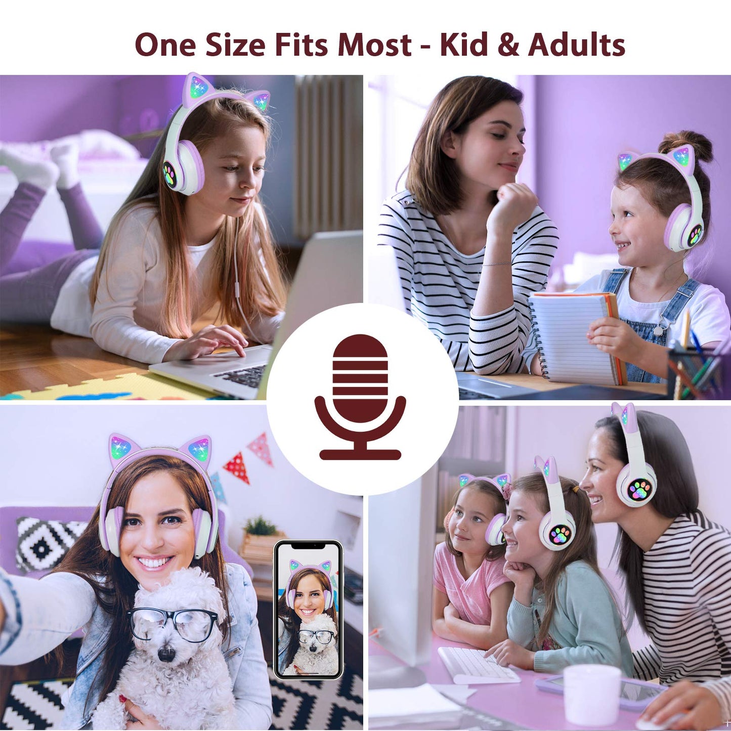 TCJJ Bluetooth 6.0 Cat Ear Kids Headphones for Girls, LED Light Up, 85dB Safe Volume Limit, Stereo Sound Toddler Foldable Wireless & 3.5mm Wired…