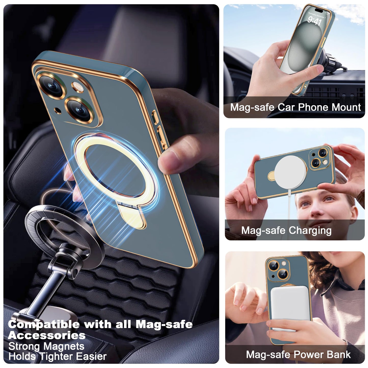 ETPESOK Compatible with iPhone 15 Case with Magnetic Ring Stand [Compatible with Mag-Safe] [Full Camera Lens Protector] Soft Plating Phone Case