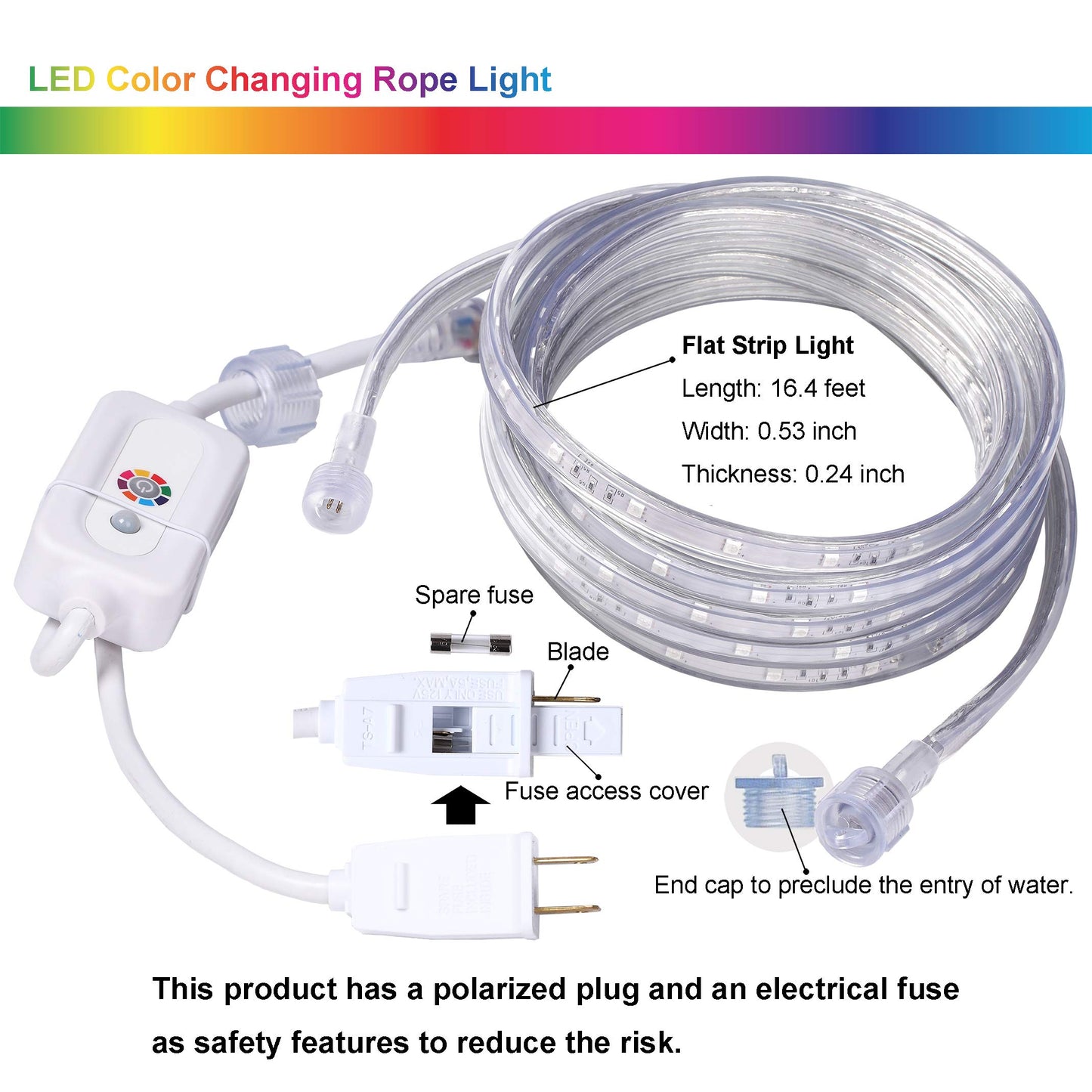 16.4 Feet Flat Flexible LED Rope Lights, Color Changing RGB Strip Light with Remote Control, 8 Colors Multiple Modes, Plug in Novelty Lighting