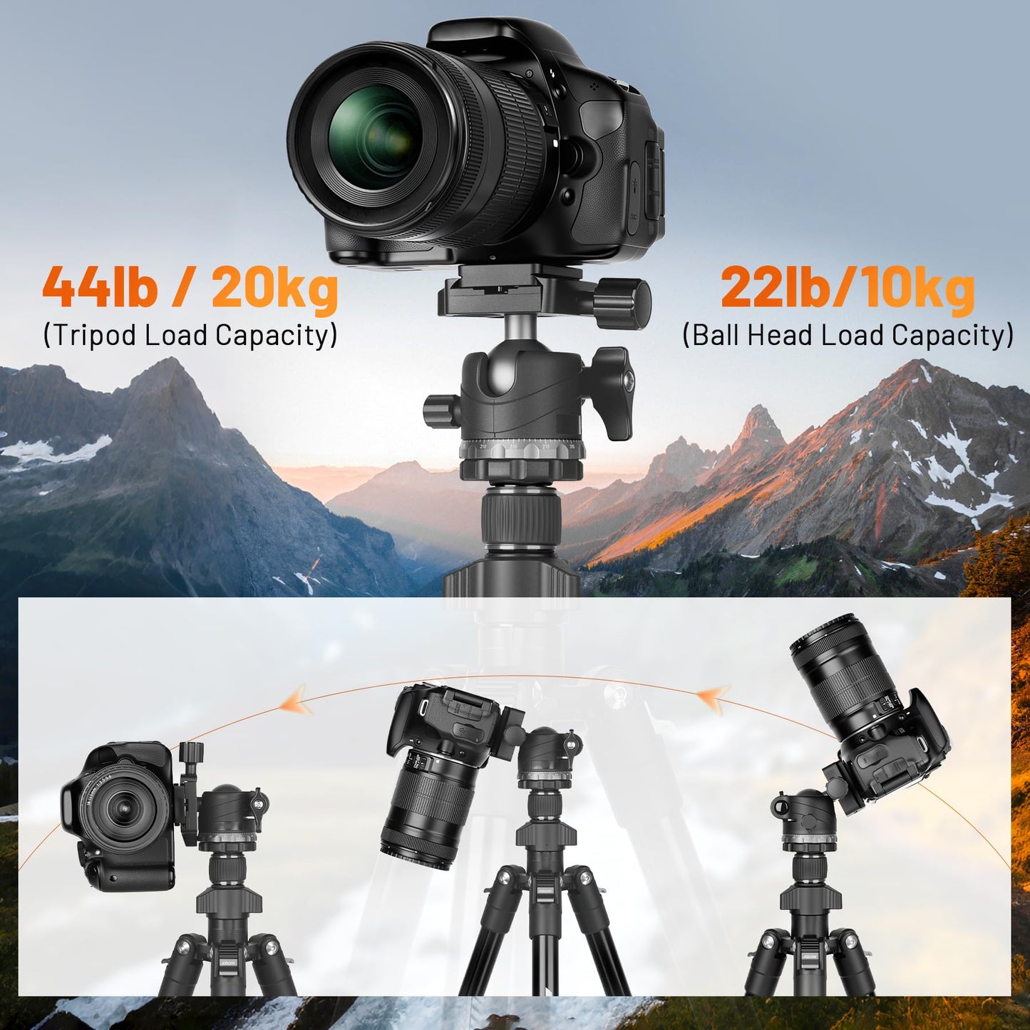 JOILCAN 66" Camera Tripod, Lightweight Travel Tripod with 360° Ball Head & Phone Holder, 22lbs Max Load for DSLR, Camera, Phone, Video & Photography