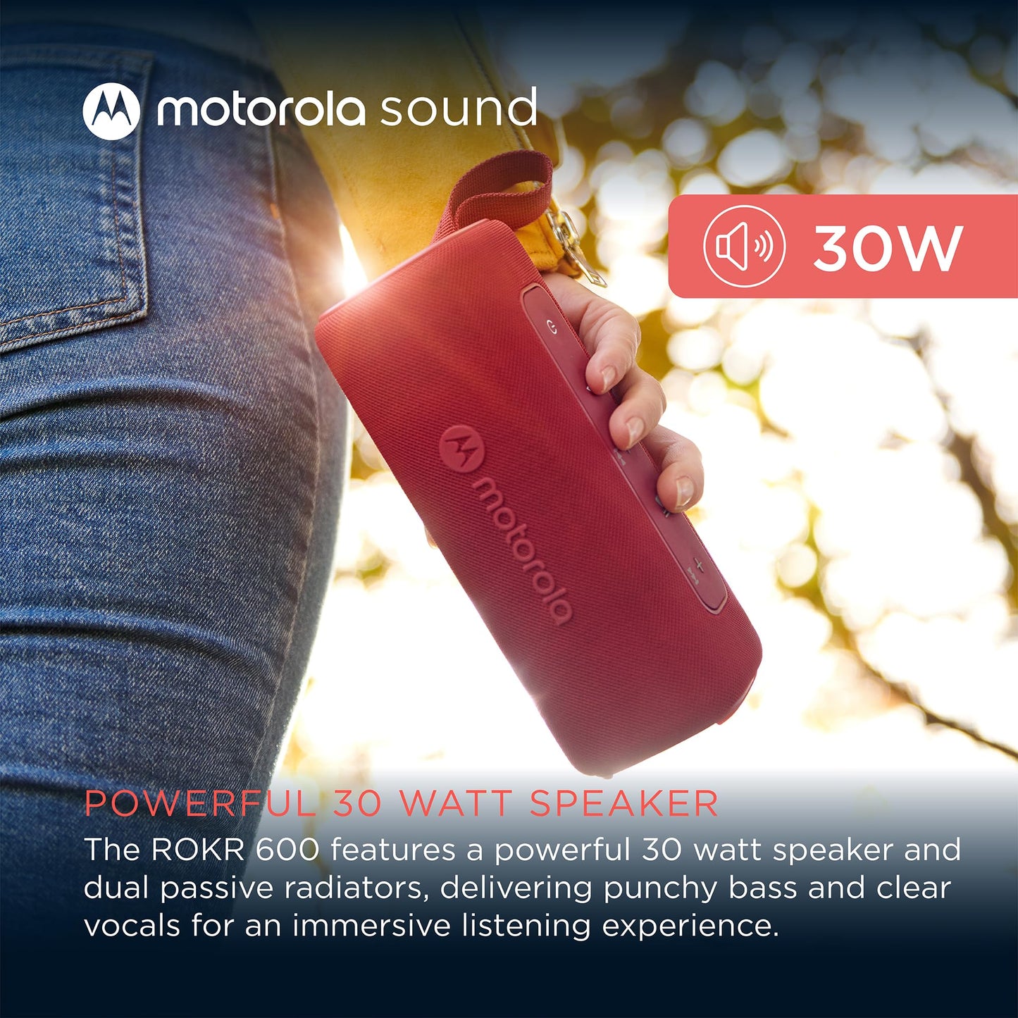 Motorola Sound ROKR 600 Portable Bluetooth Speaker, 6-Hour Playtime, IP67 Water Resistant, Speaker for Home/Outdoors, Compatible wtih iPhone, Red