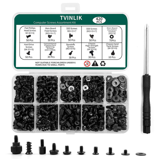 420PCS Computer Screw Kit, Motherboard Standoffs Assorted Screws for PC Case, HDD, SSD, Laptop, Fan, CD-ROM - for DIY PC Build Repair