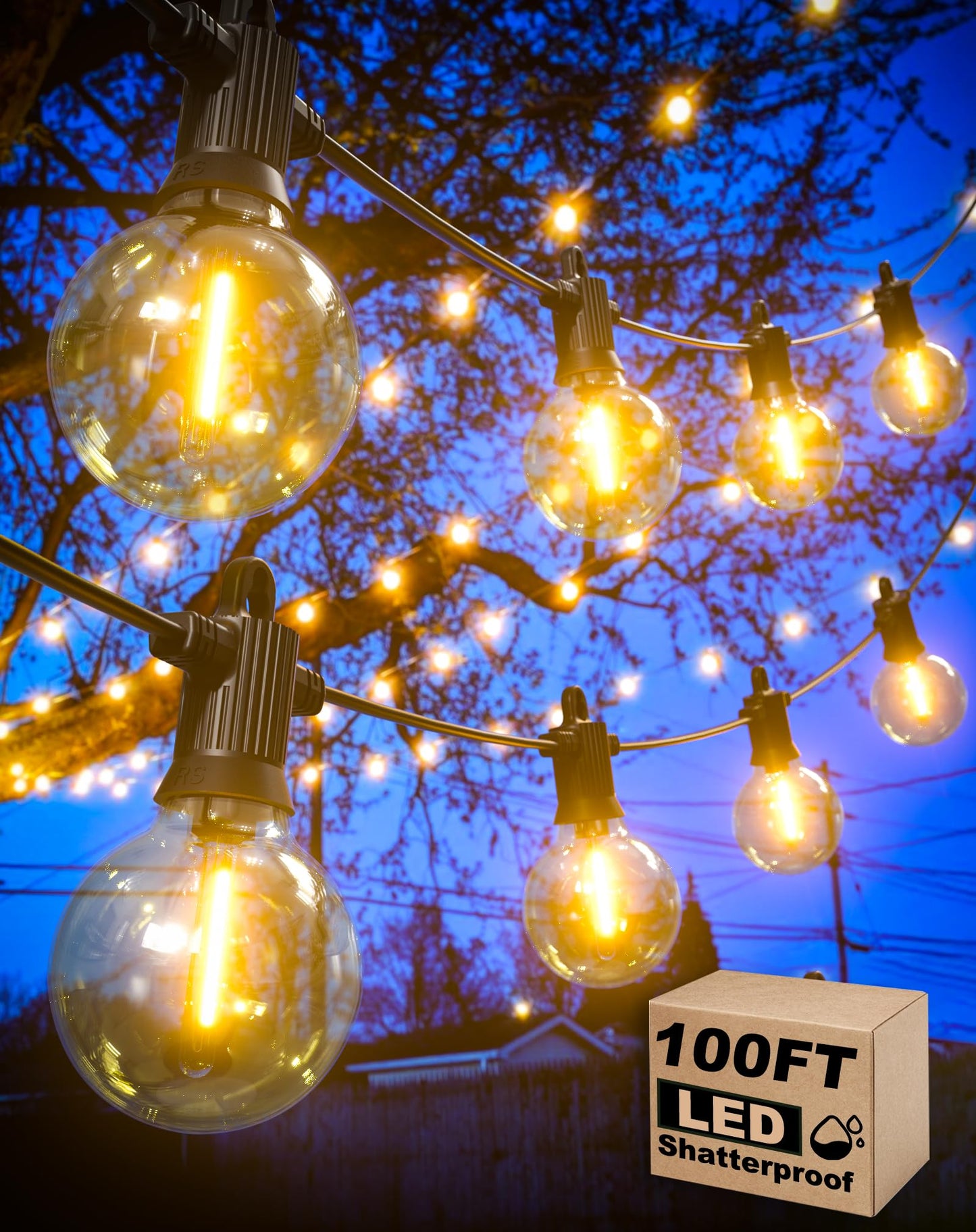 Zuske Outdoor String Lights Waterproof, 100FT LED Patio Lights with 53 Shatterproof G40 Globe Bulb(3 Spare), Connectable Dimmable Outside Hanging