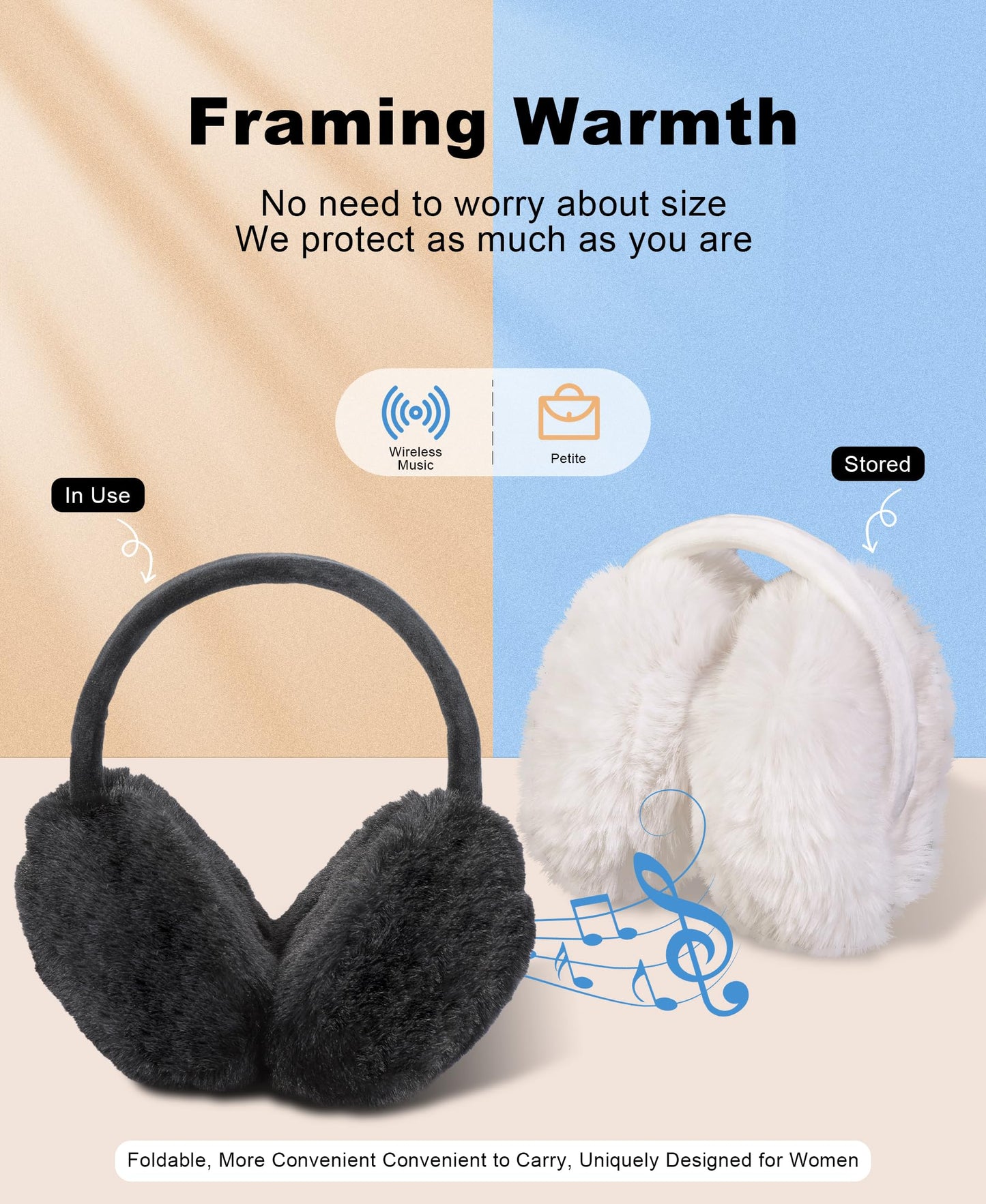 MUSICOZY Earmuffs Women's Winter Ear Warmers Muffs Soft 5.4 Bluetooth Muisc Earmuffs Covers for Jogging Skiing Skating Travelling Hiking Gifts_White
