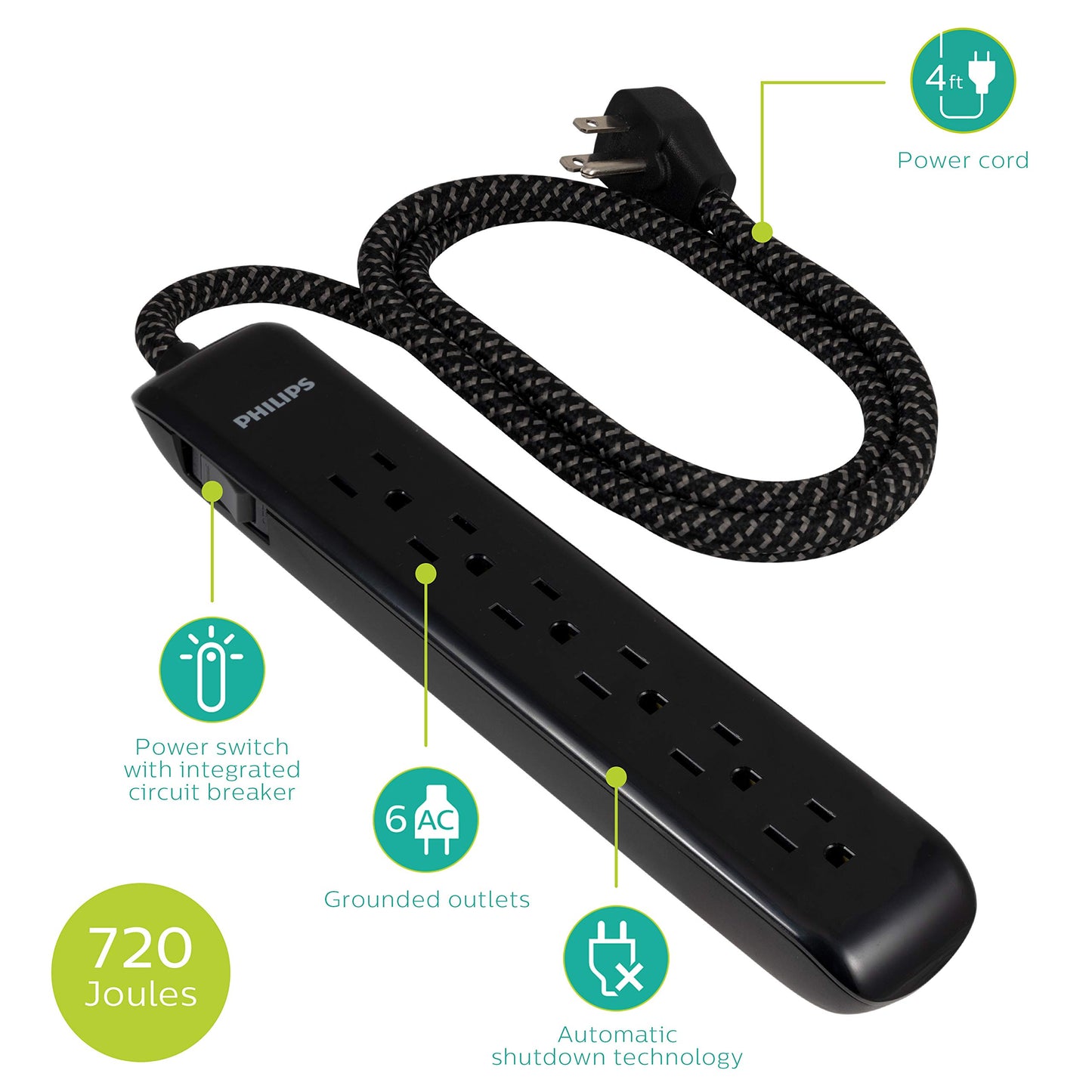 Philips 6 Outlet Surge Protector Power Strip, Designer Braided Power Cord, 4 Ft Power Cord, Flat Plug Extension Cord, Perfect for Office or Home