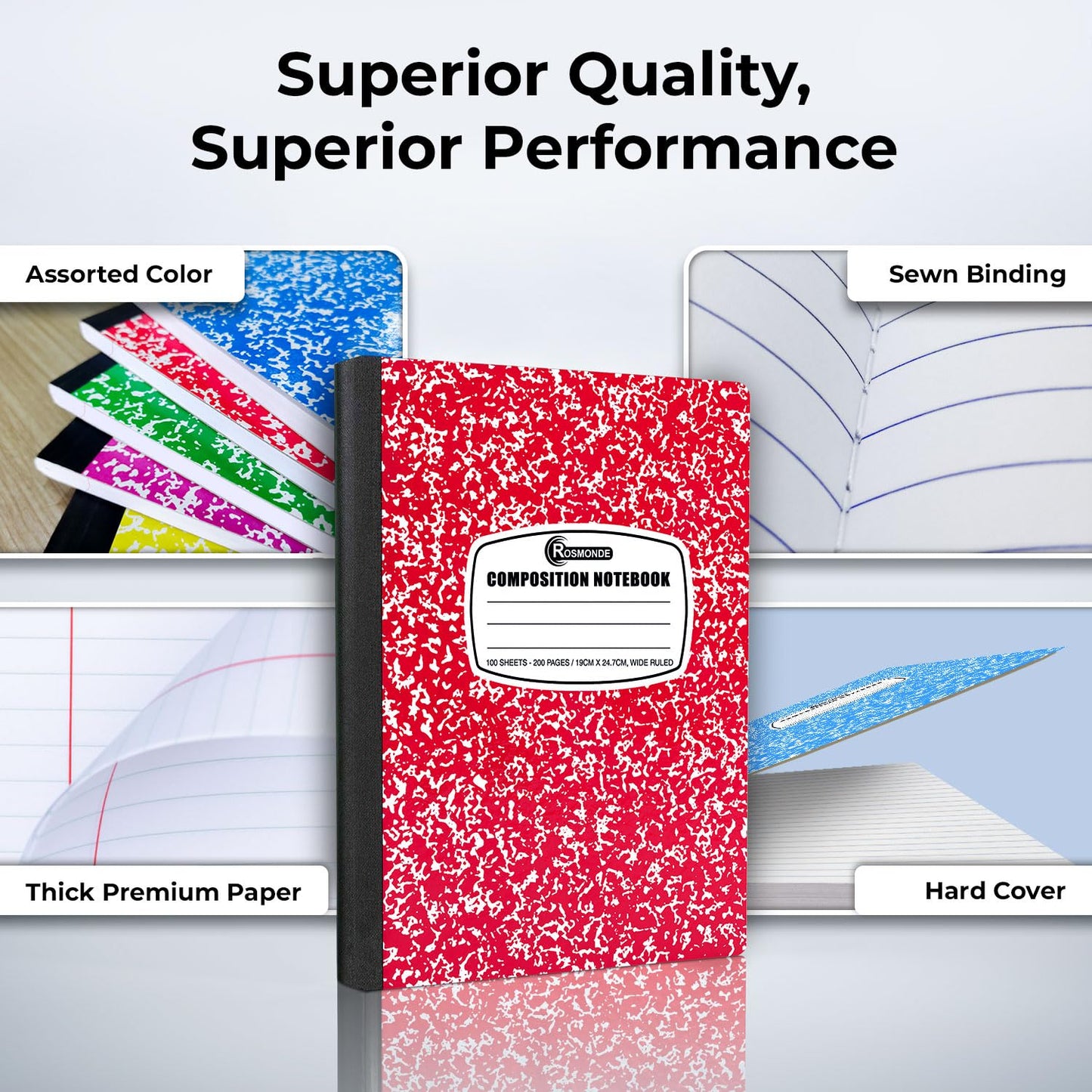 Rosmonde 1000 Pack Composition Notebooks Bulk, Wide Ruled, Assorted Marble